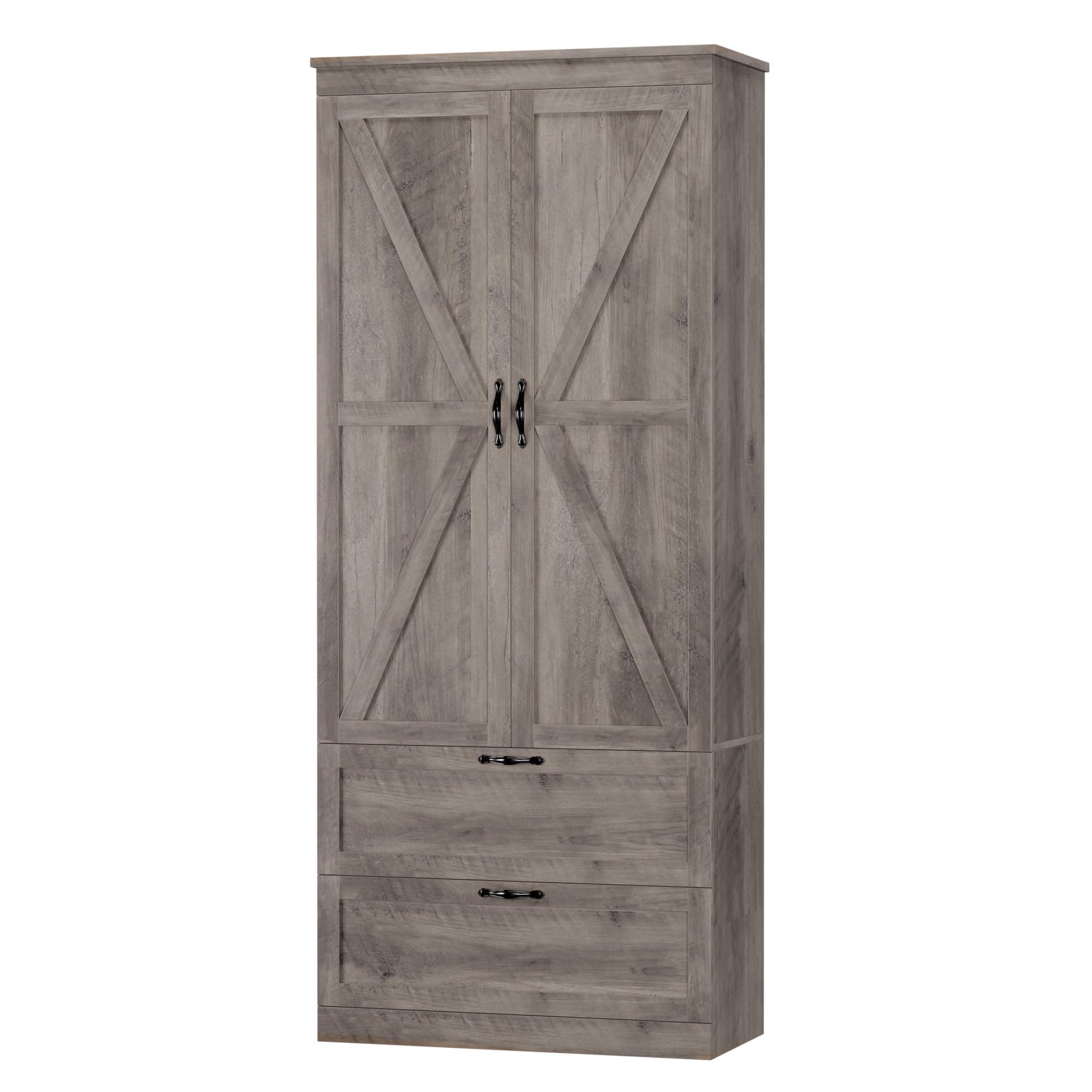 70" Tall Kitchen Pantry Storage, Barn Doors Pantry Cabinet with Drawers and Adjustable Shelf, Modern Farmhouse Storage Cabinet for Kitchen, Dining Room, Living Room, Bathroom, Ash Grey