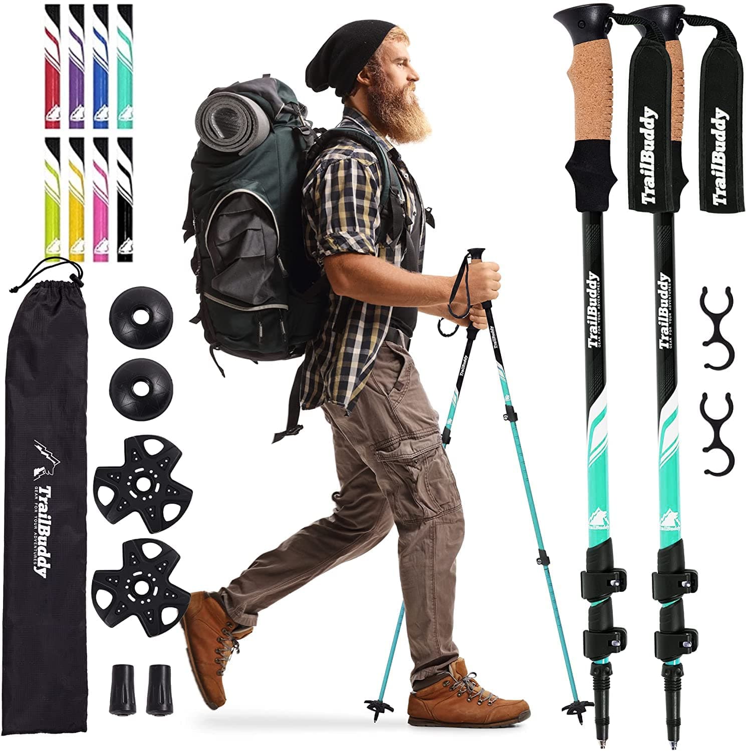 TrailBuddy Trekking Poles, Set of 2, Climbing Stock, Lightweight Aluminum, Aircraft Quality, Walking Poles, Climbing Cane, Extendable, Flip-Lock, Cork Grip, Padded Strap, Anti-Fatigue, Includes
