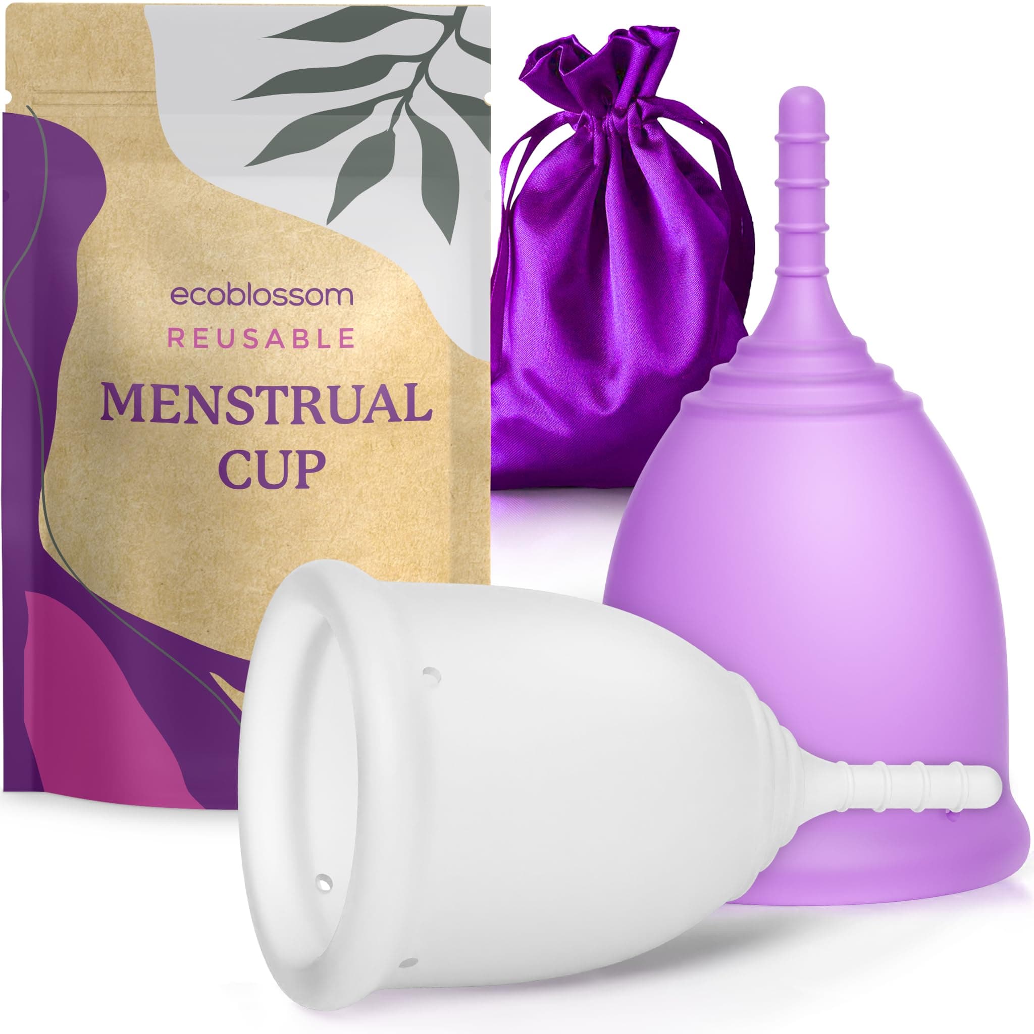 EcoBlossom Reusable Menstrual Cup Set - The Most Reliable Medical Grade Silicone Period Cups - Comfortably use for 12 Hours (2 Regular Cups)
