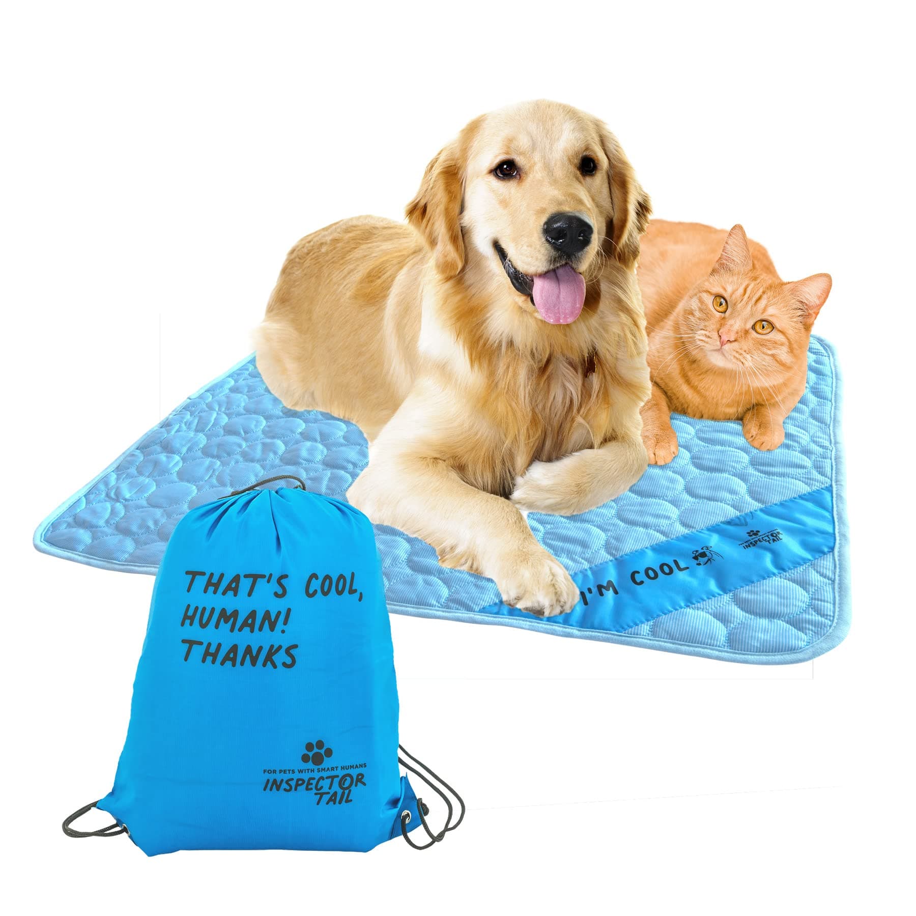 INSPECTOR TAIL Self Cooling Mat for Dog + Free String Bag/Washable & Portable Pet Soft Pad for Indoor or Outdoor/Perfect as Blanket for Kennel Sofa Bed Floor Car/Blue