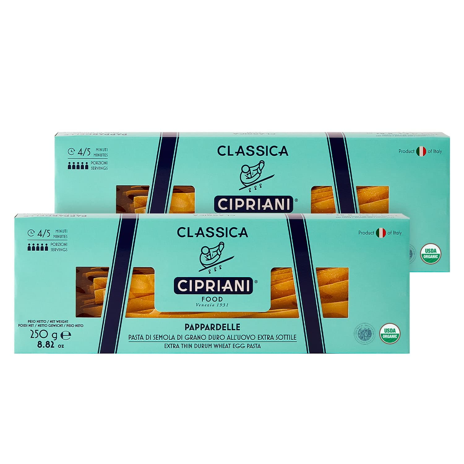 Pappardelle Egg Pasta Noodles - USDA Organic Italian Pasta, Extra Wide Flat Egg Noodle Pasta from Italy, Non-GMO & Kosher - 250 Gram (Pack of 2)