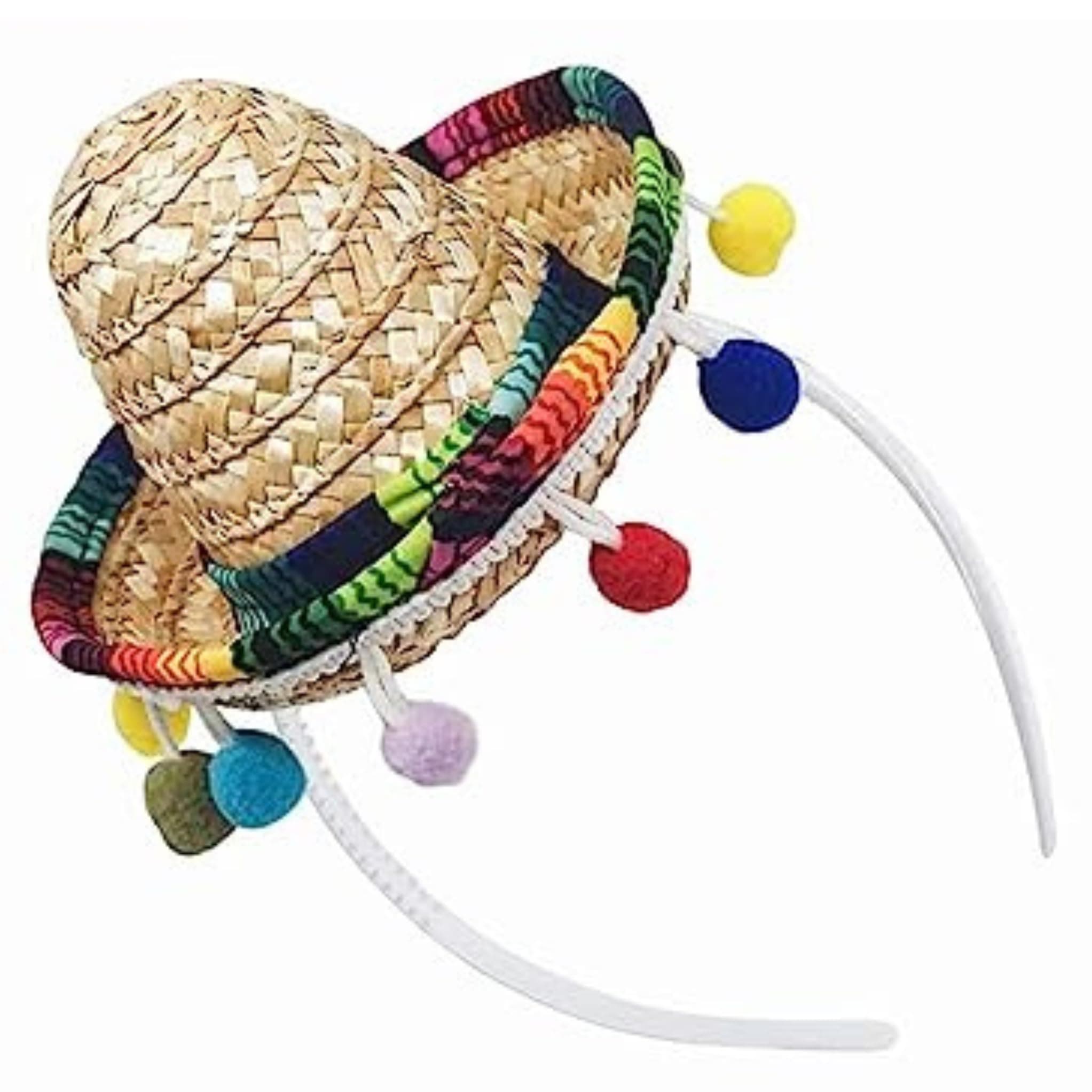 Mini Cinco De Mayo Sombrero Headbands Small Fabric Mexican Sombrero Hats Straw Mexican Sombrero Hats with Ball Fringe for Mexican Themed Party Decorations Birthday Party Supplies