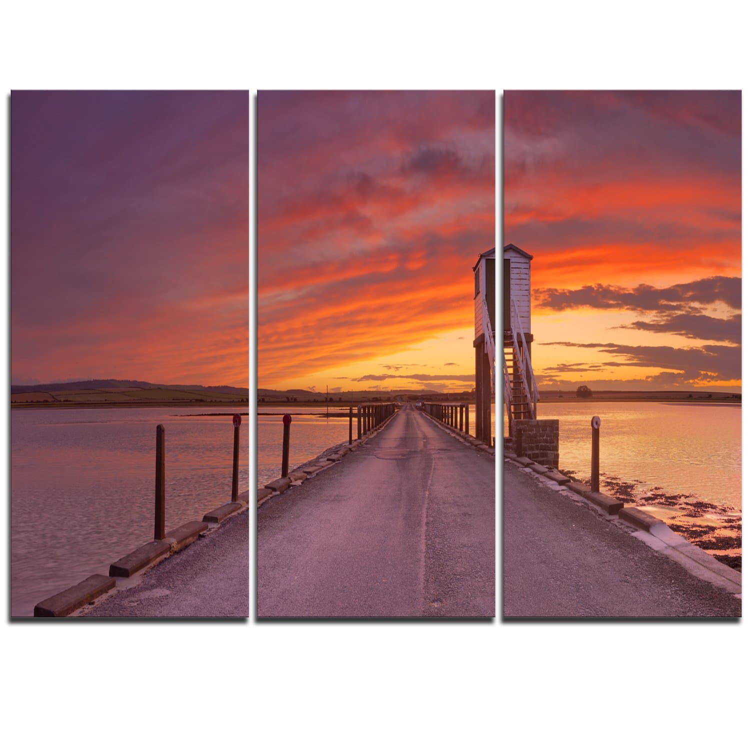Designart Holy Island of Lindisfarne Panorama-Wooden Sea Bridge Canvas Wall Art-36x28in-Multipanel 3 Piece, 28'' H x 36'' W x 1'' D 3P