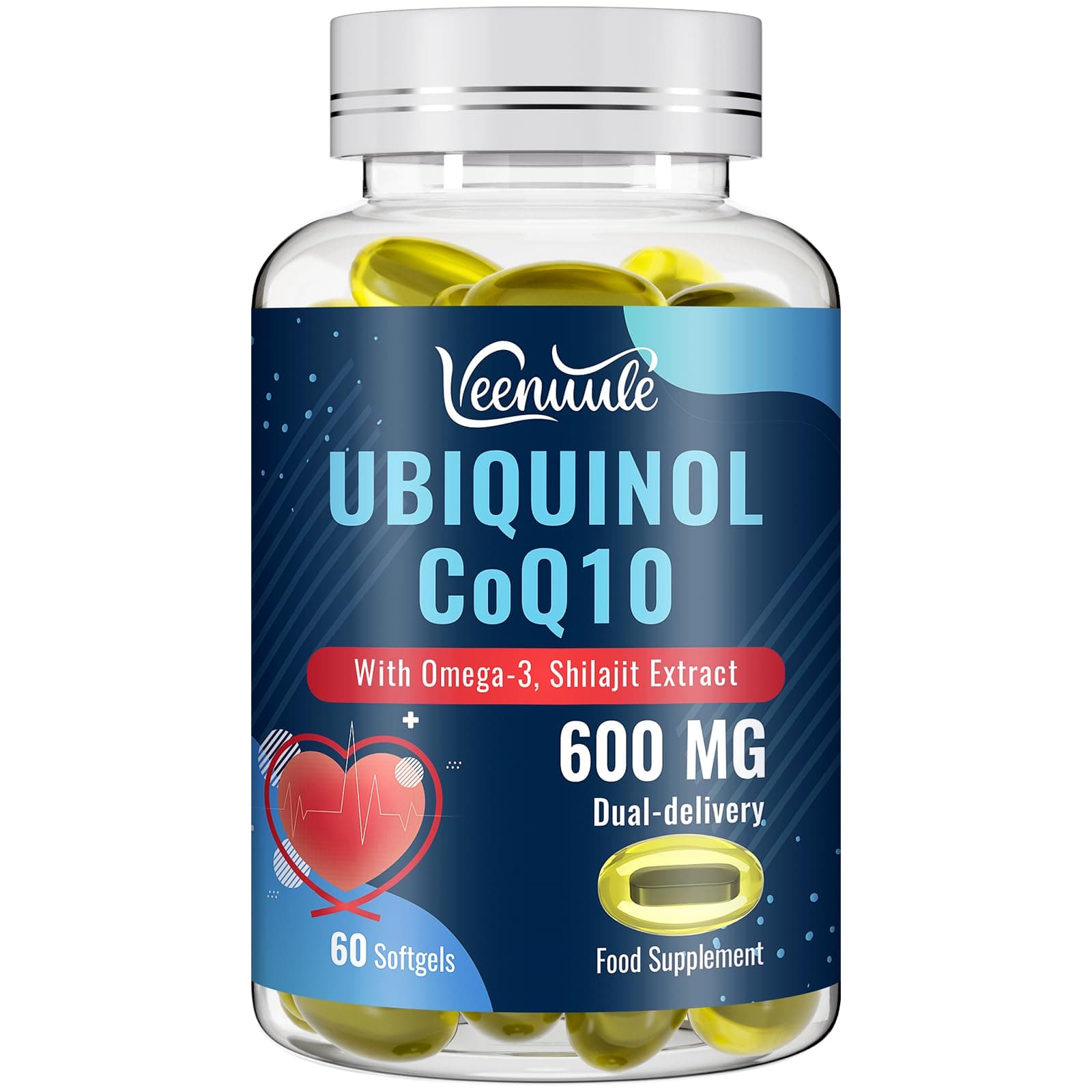 Ubiquinol CoQ10 600mg Softgels with Shilajit Extract 300mg, Omega-3 150mg - Dual-delivery System - Enhanced Absorption for Maximum Active CoQ10 Utilization (60 Count, Pack of 1)