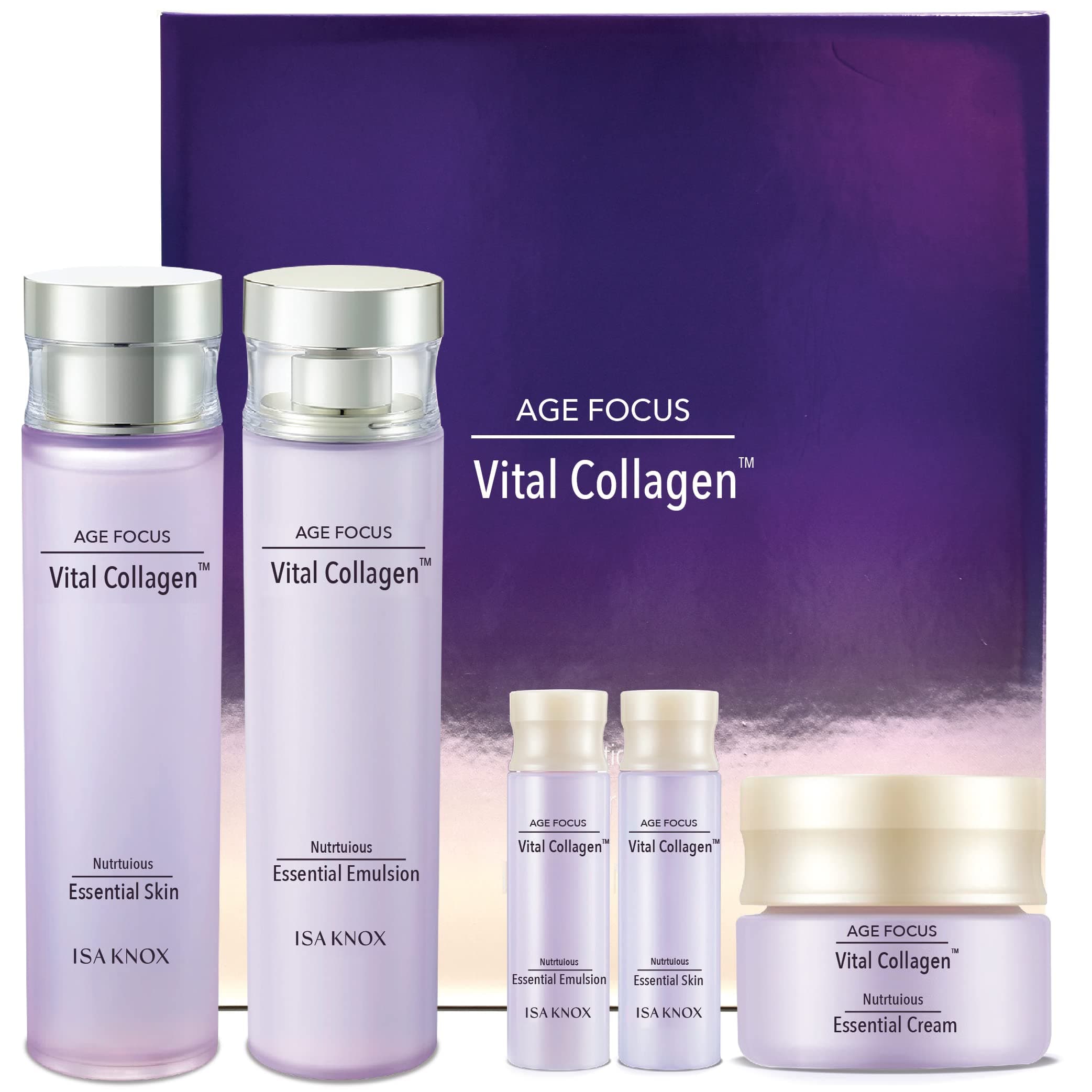 AGE FOCUS VITAL COLLAGEN SKINCARE GIFT SET (370ml / 12.51 Fl Oz) - Korean Luxury Premium High-end Skin Toner, Emulsion Lotion, Cream by LG BEAUTY. Hydrolyzed Collagen,