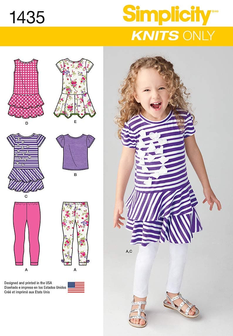 Simplicity 1435 Girl's Knits Only Dress, Shirt, and Capri Legging Sewing Patterns, Sizes 3-8
