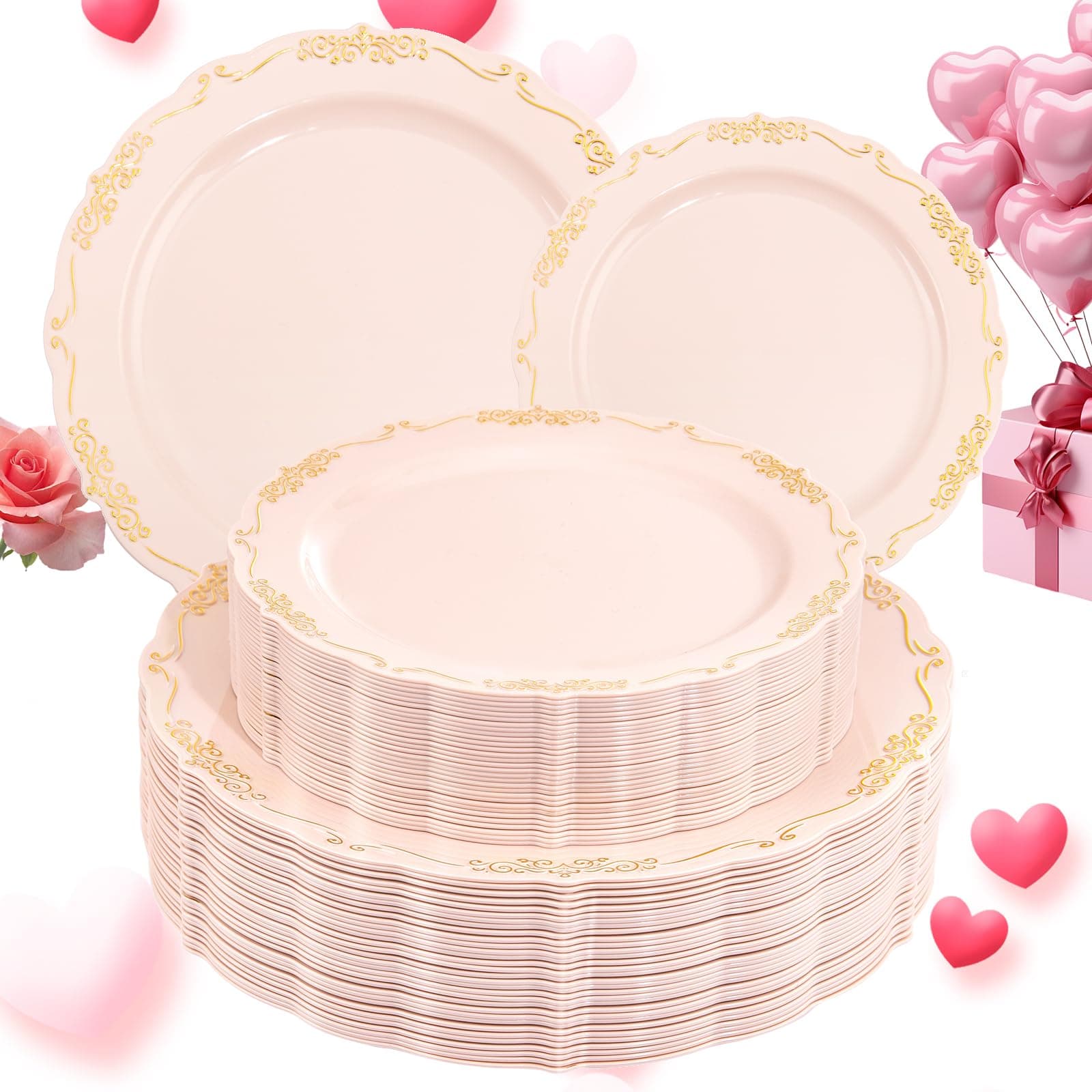DaYammi 60 PCS Pink Gold Plastic Plates, Pink Disposable Plates with Gold Rim Include: 30 Dinner Plate, 30 Dessert Plate for Party, pink plastic plates with Vintage lace for Wedding