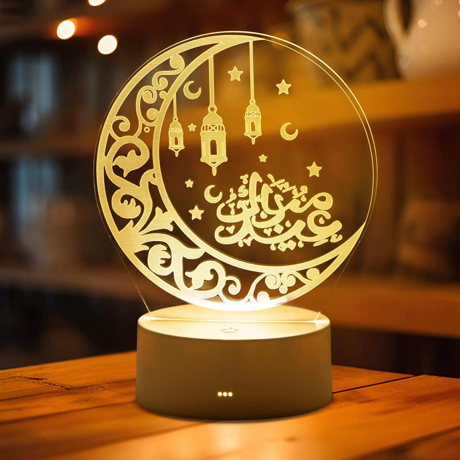 Mexllex 3D Eid Mubarak Moon Night Light - Battery Operated LED Desk Lamp for Home Decor, Bedroom, Tabletop (Remote Not Included)
