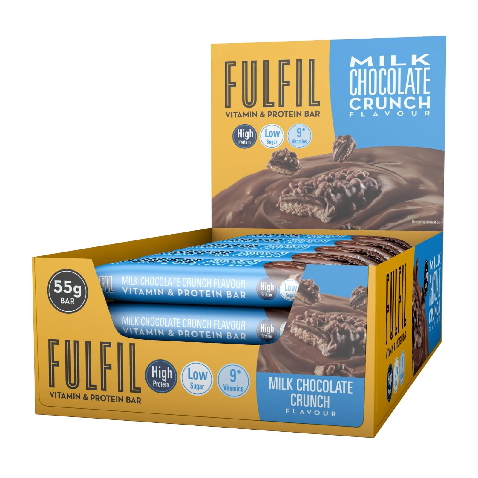 FULFIL Vitamin and Protein Bars (15 x 55 g Bars), Milk Chocolate Crunch Flavour, 20 g High Protein, 9 Vitamins, Low Sugar