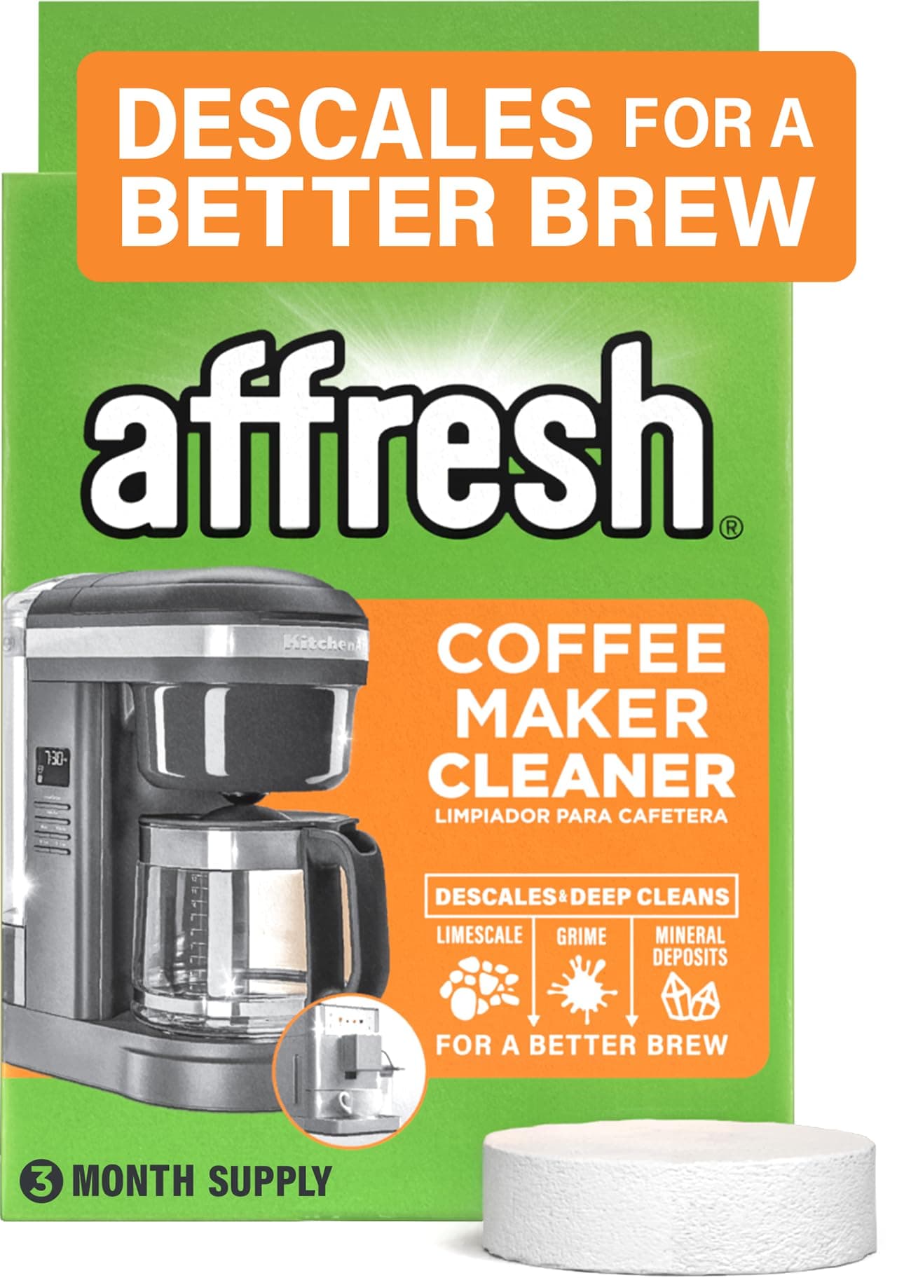 Affresh Coffee Maker Cleaner, for Multi Cup Drip, Pod, Single Serve and Espresso, Descales & Cleans Limescale & Mineral Deposits, 3 Tablets