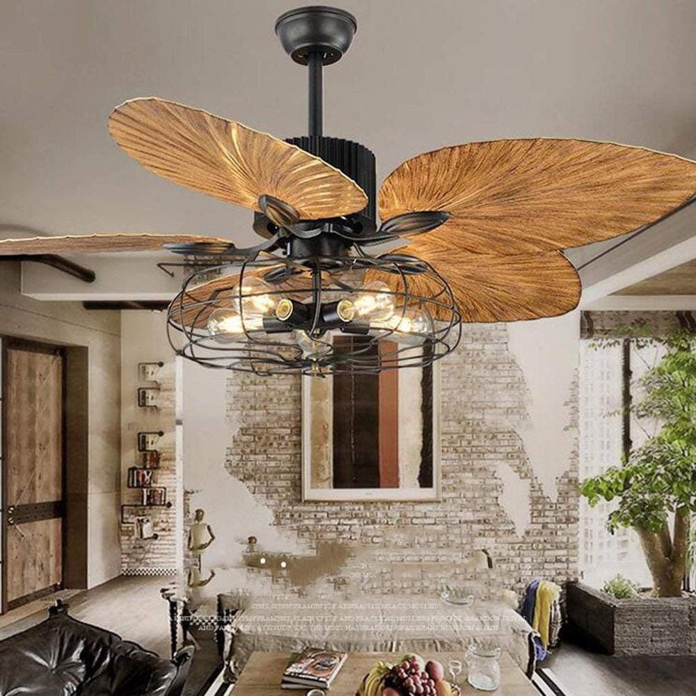 Industrial Cage Ceiling Fan - 52-Inch with 5 Lights, Remote Control, Palm Blades, and Black Finish - Quiet and Vintage Tropical Style Indoor Chandelier Fan