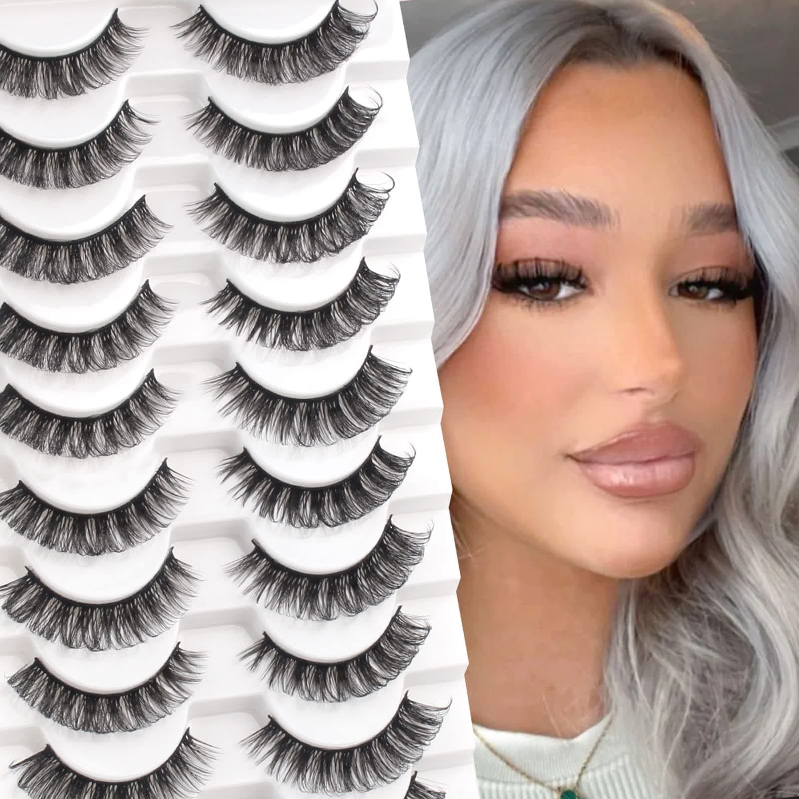 Glowingwin Cat Eyelashes Volume 3D Hybrid Natural Look Fake Russian Strip Lashes 10 Pairs Dramatic Fluffy Handmade Reusable D Curl False Eyelashes