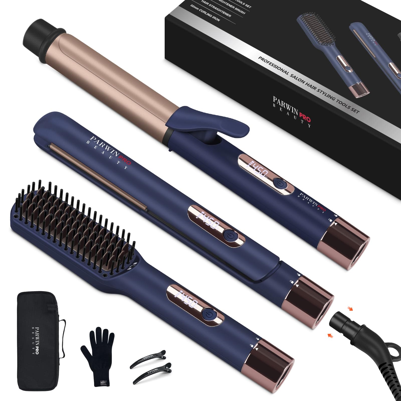 PARWIN PRO BEAUTY 3 in 1 Styling Set, 25mm Hair Straightener, 32mm Hair Curler, Hair Straightener Brush, Detachable Power Cord, LED Temp Control, Rapid-Heat up, for Gift & Travel, Prussian Blue