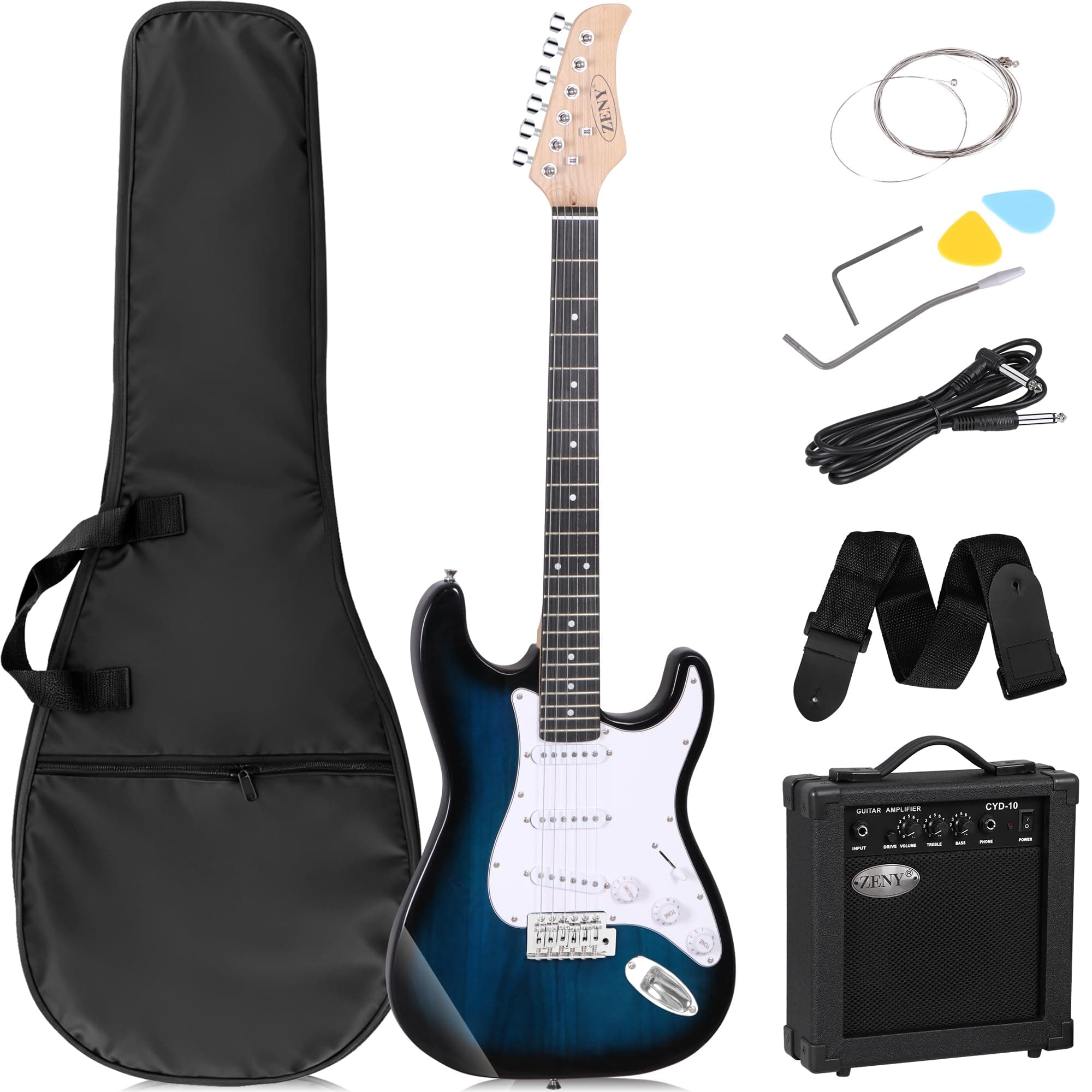 39" Full Size Electric Guitar with Amp, Case and Accessories Pack Beginner Starter Package, Blue Ideal Christmas Thanksgiving Holiday Gift