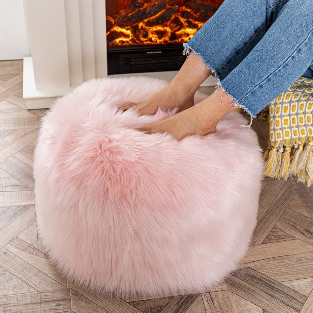 Asuprui Fur Pouf Ottoman Stool Floor Bean Bag Chair NO Filler Ottoman Foot Rest Unstuffed Poof Covers 20x12 Inches Round Poof Seat Foot Rest Storage for Living Room Bedroom Pink Cover ONLY