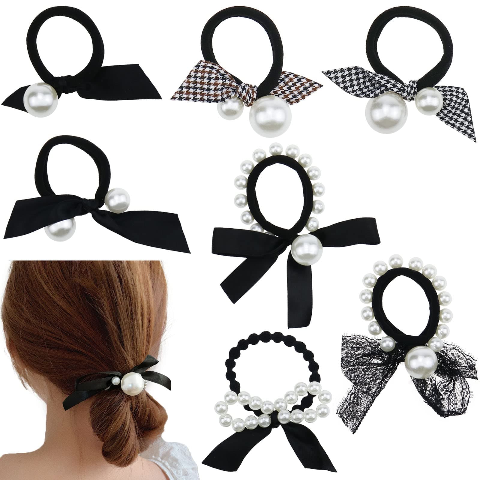 7 Pcs Pearl Black Elastic Hair Ties Ponytail Holders Hair Ropes Scrunchie Ropes for Women Girls