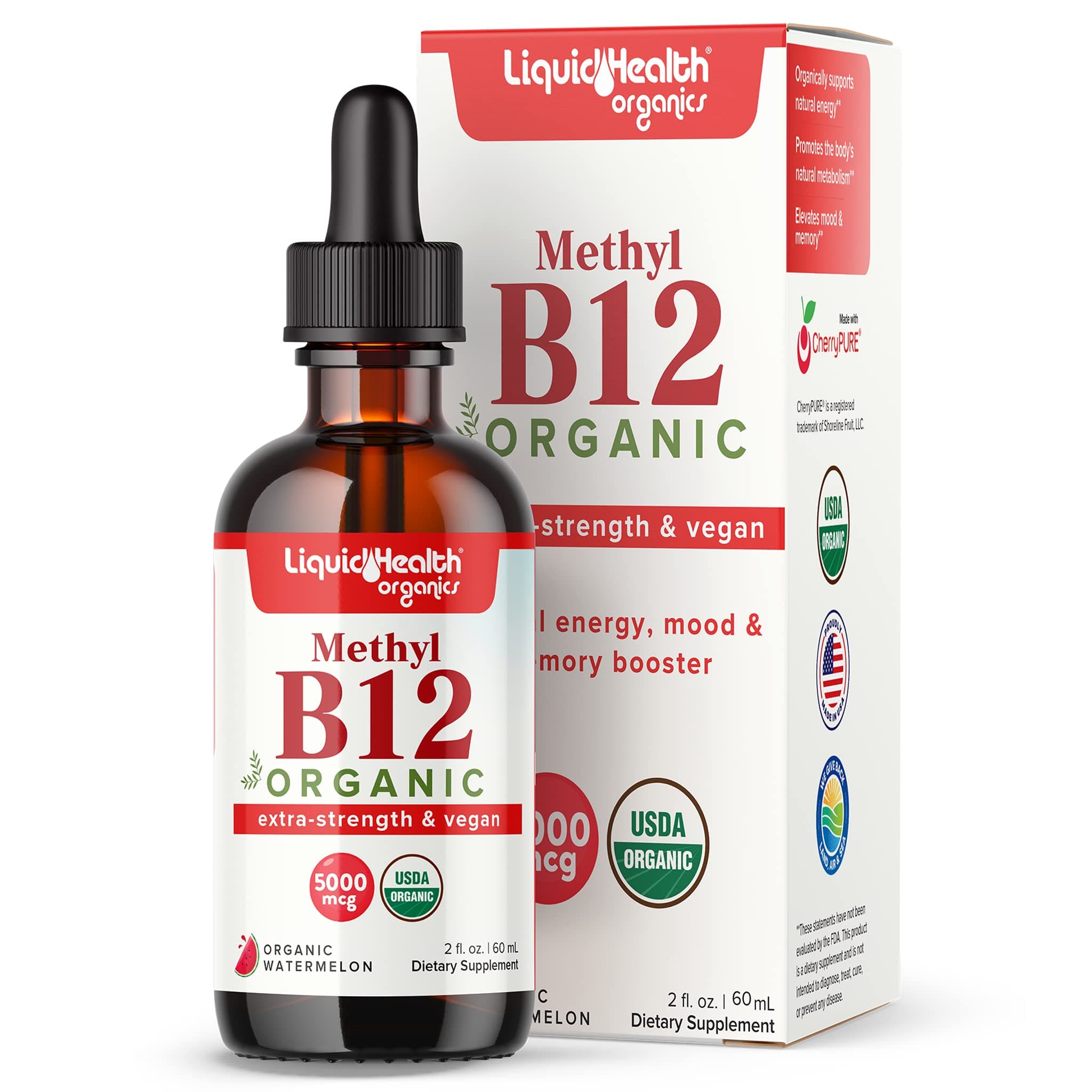 USDA Organic Methyl Vitamin B12 Methylcobalamin Liquid Drops with Tart Cherry Juice - Boost Energy, Immune Support, Improve Memory & Concentration - USA Made, Vegan, Non-GMO (2 oz)