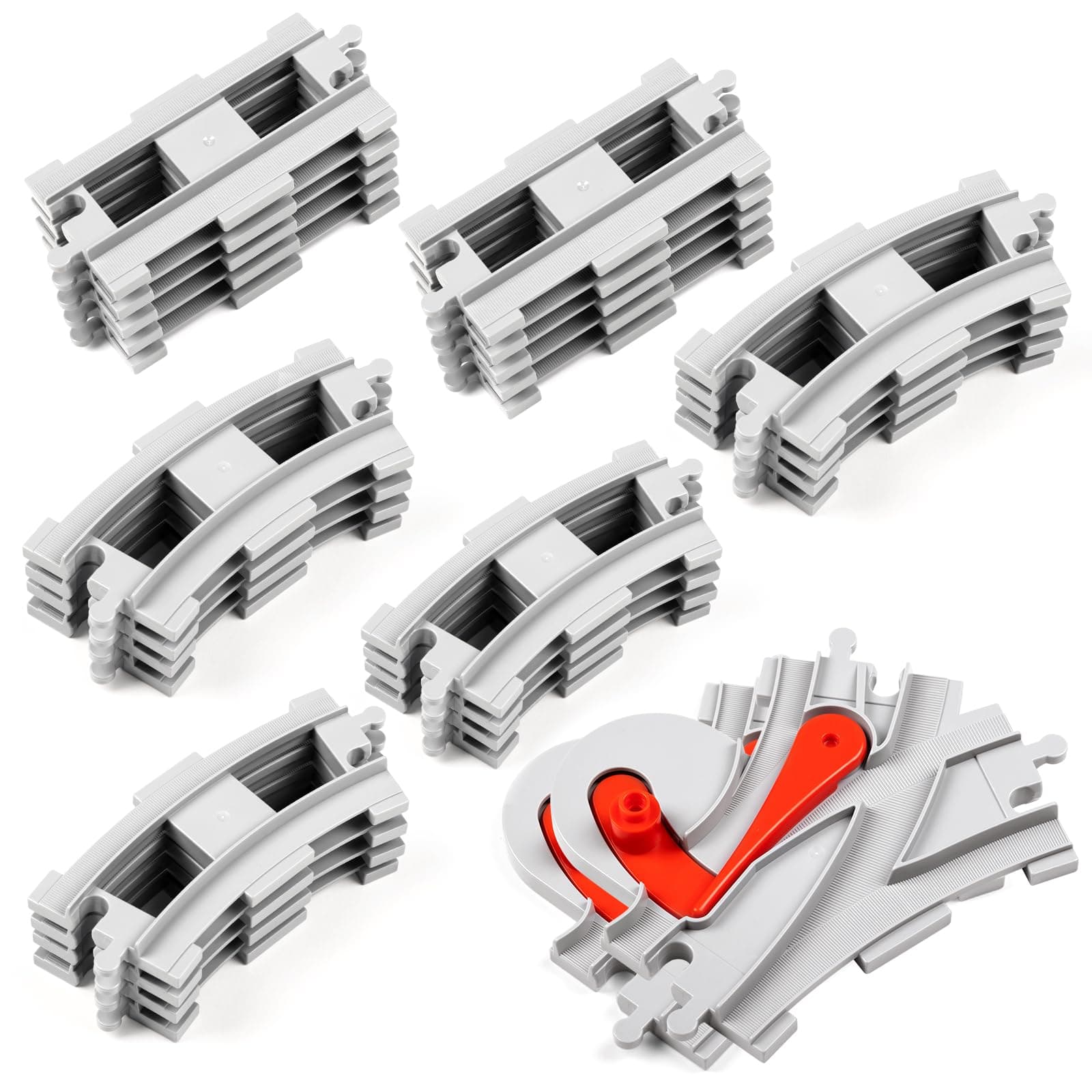 32 Pieces Train Tracks, Classic Railway Track with 20 Curved Tracks, 10 Straight Tracks and 2 Switches Tracks - Compatible with All Major Brands, Toy Track Accessory for Kid, Light Grey