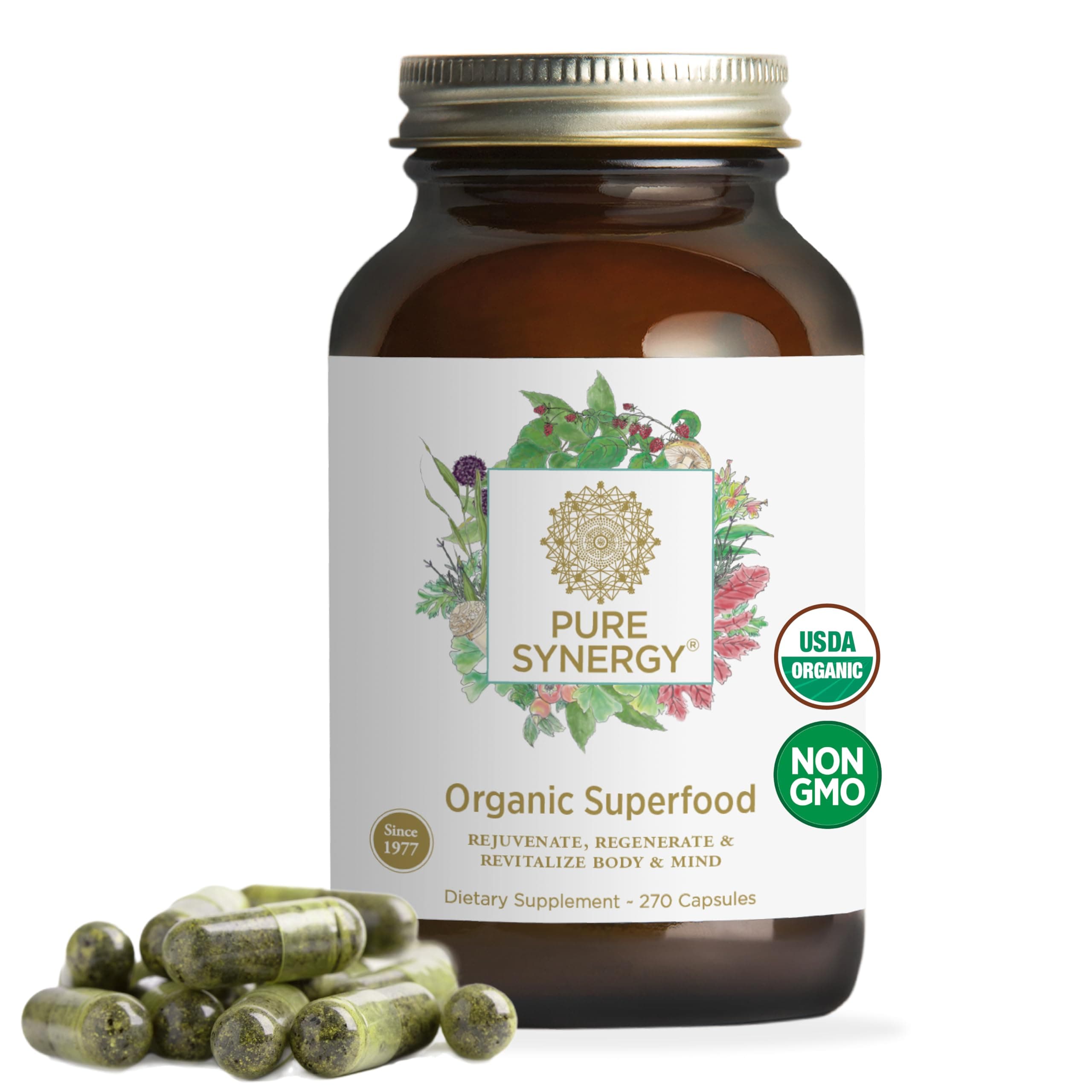 PURE SYNERGY Superfood Capsules | Organic Superfood & Greens Supplement | Whole Foods Like Super Greens, Spirulina, & Mushrooms | for Energy, Healthy Aging & Immune Health (270 Capsules)