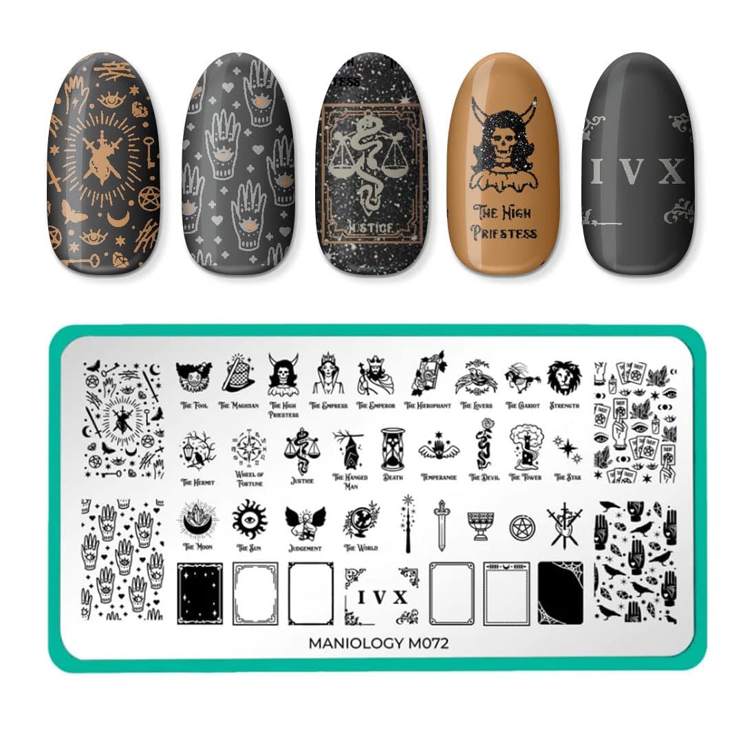 Maniology Tarot Reading (M072) Nail Stamping Plate | Tarot Cards Nail Art Designs, Spooky Halloween Manicure - Reusable, Rectangular, Stainless Steel Nail Art Template