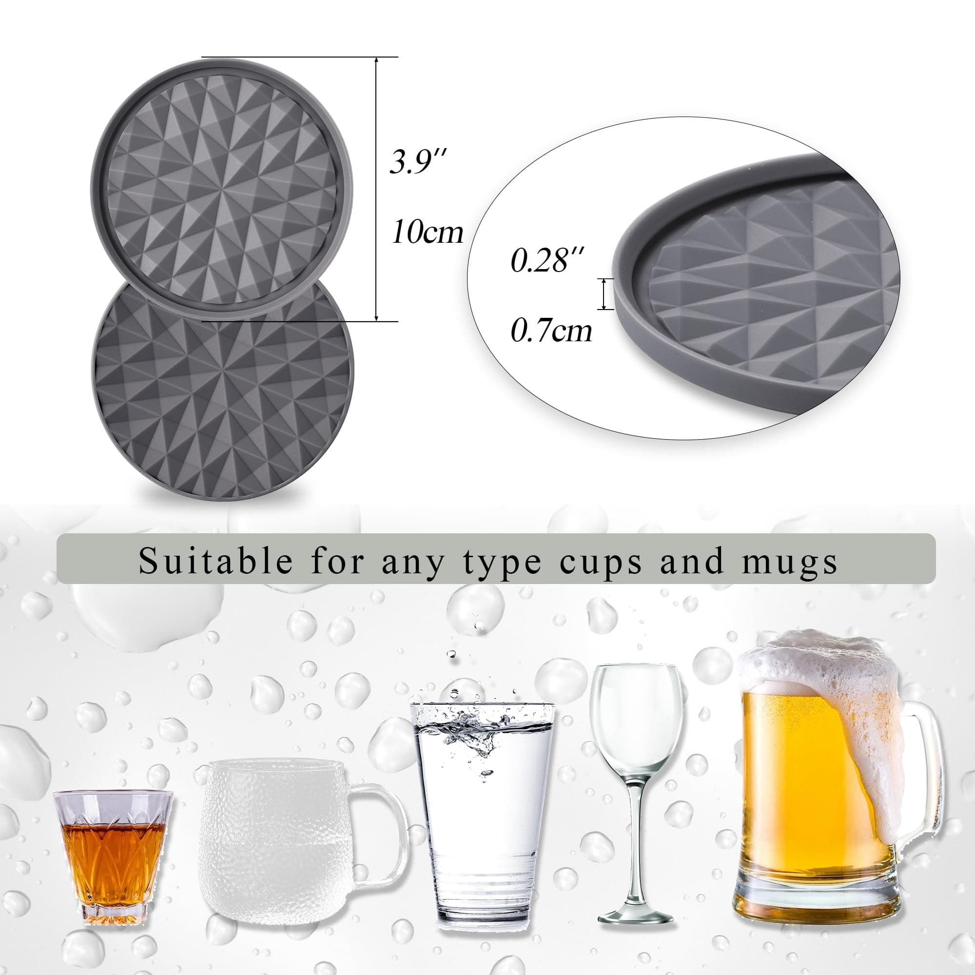 Silicone Coasters for Drinks[8 Pack, No Holder]- Cup Mat for Tabletop Protection-Non-Slip, Non-Stick, Coffee Table Decor, Great Gift for Any Occasion, Dark Grey