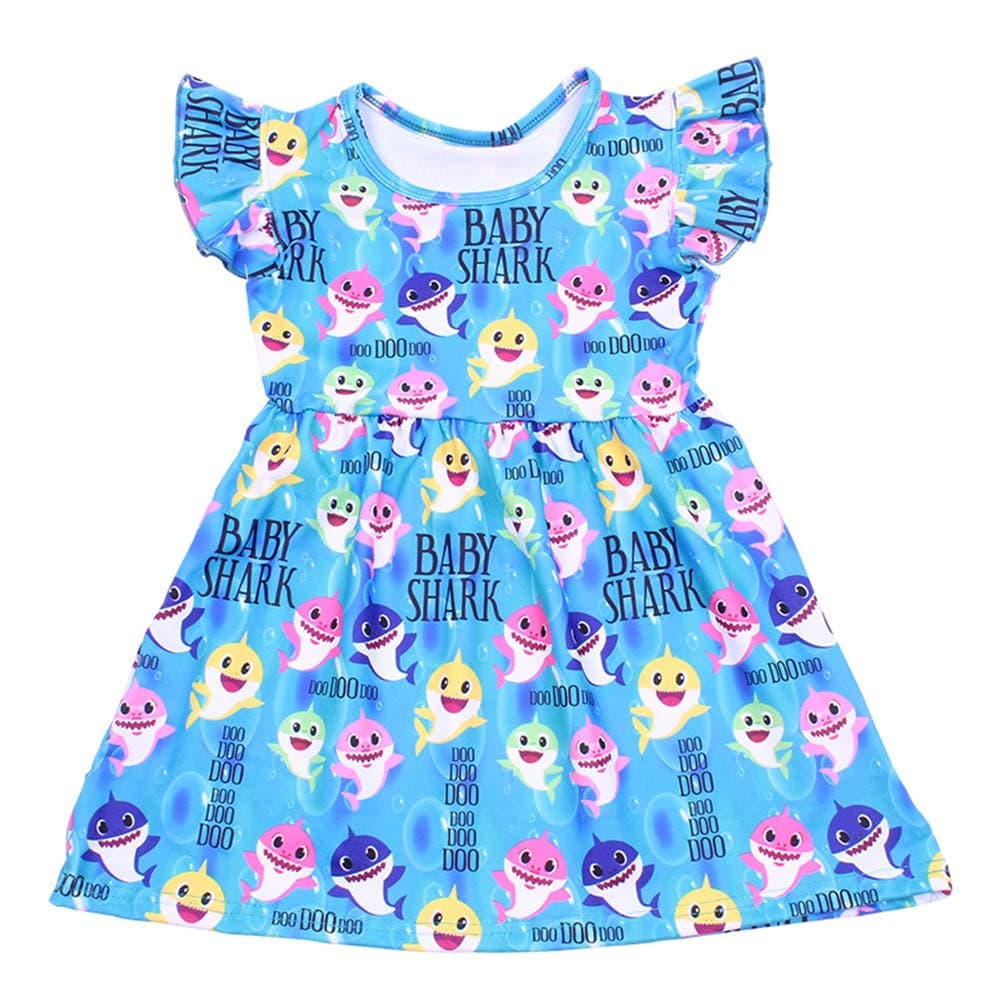 Girls Dress Colorful Baby Shark Print Sleeveless Blue Clothing Milksilk (2T)