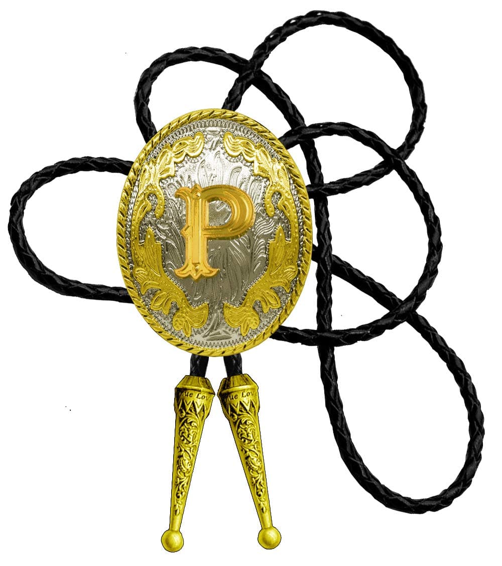 Golden Western Bolo Tie Initial Letter A to Z in Round Flower Cowboy with Cowhide Rope Necktie