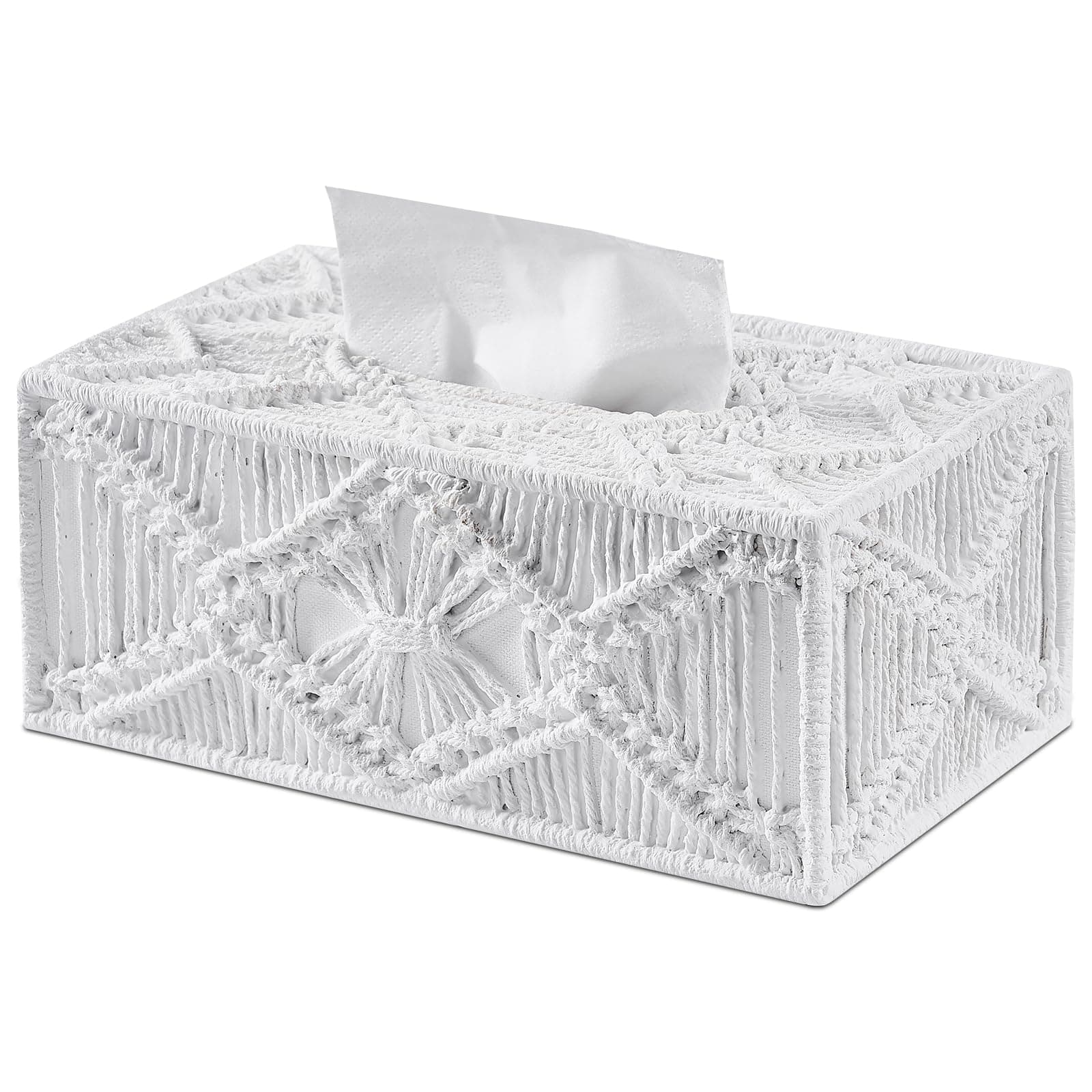 White Woven Macrame Boho Tissue Box Cover Rectangular for Home Decor,Resin Heavy Woven Tissue Box Holder for Bathroom Kitchen Countertop,Bedroom, Vanity, Night Stand, Office, Waterproof Durable