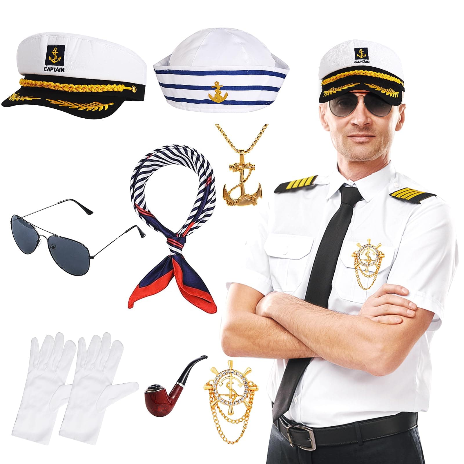 SUNYIWJIECaptain Hat Sailor Ship Cap Scarf Sunglasses Sailor Hat Boat Costume for Captains Party,for Men Women