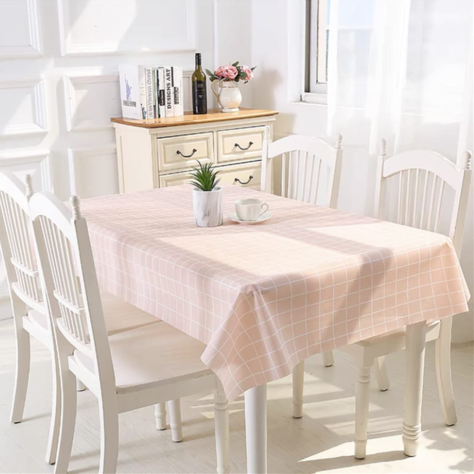 Aisszhao 137 * 180cm Wipe Clean PVC Tablecloth,Rectangular Large Easy Care Table Cover Pink Checkered Reusable Oil-proof Gingham Table Cloth for Holiday Dinner Outdoor Picnic (Pink plaid)