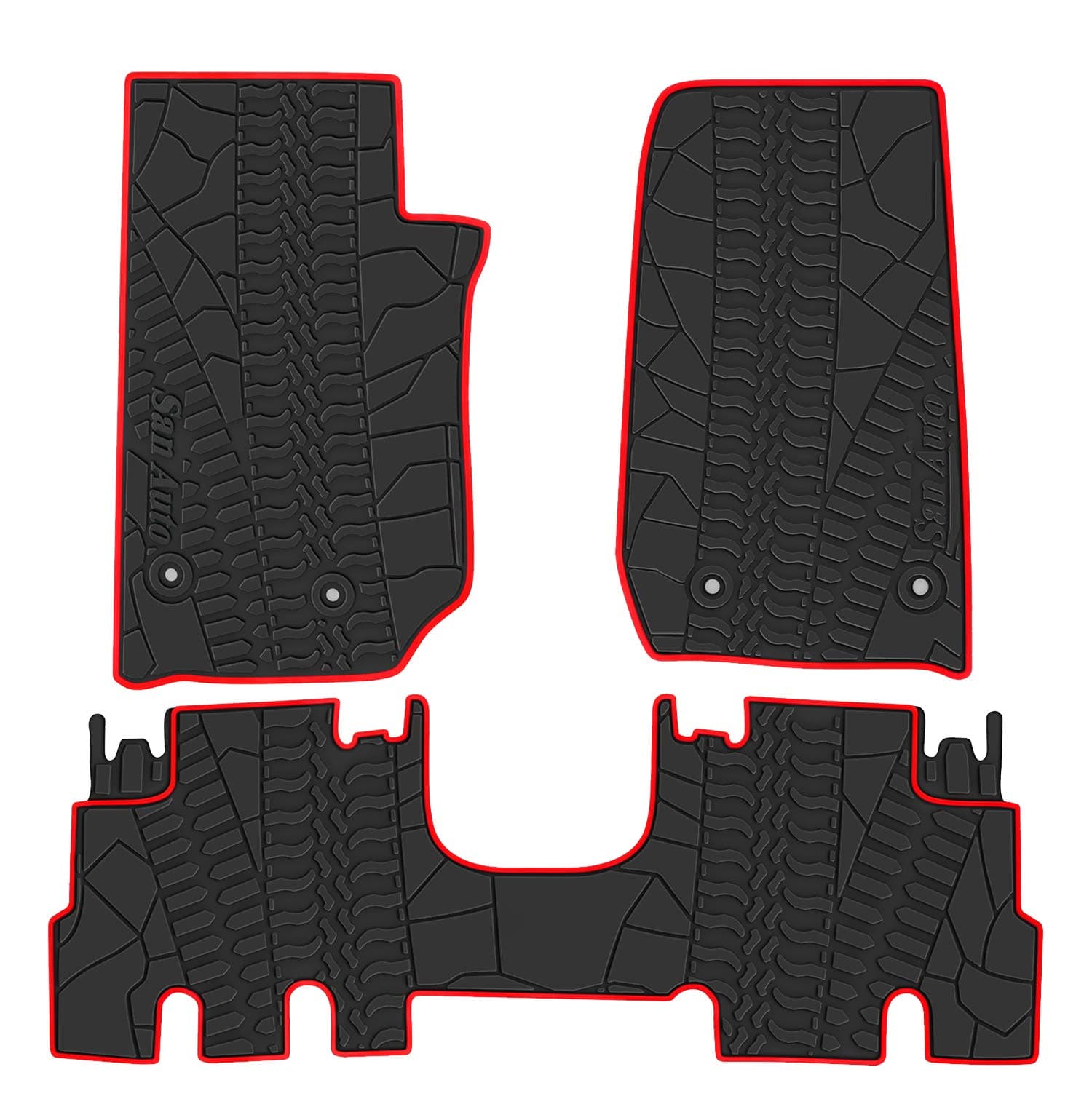 San Auto Car Floor Mat for Jeep Wrangler Sahara Rubicon JK 4 Door 2014 2015 2016 2017 2018 Full Set 4 Pieces Custom Fit Black Red Rubber Auto Floor Liner Mat All Weather Heavy Duty Odorless