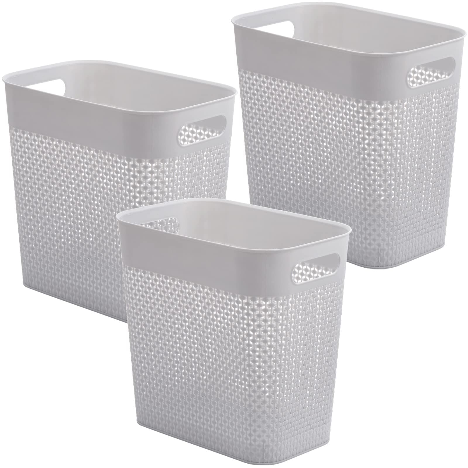 Elsjoy Set of 3 Plastic Trash Can Slim Waste Basket, 3 Gallon & 11L Garbage Can with Handles, Hollow-Out Rubbish Bin for Bathroom, Kitchen, Office, Dorm, Gray