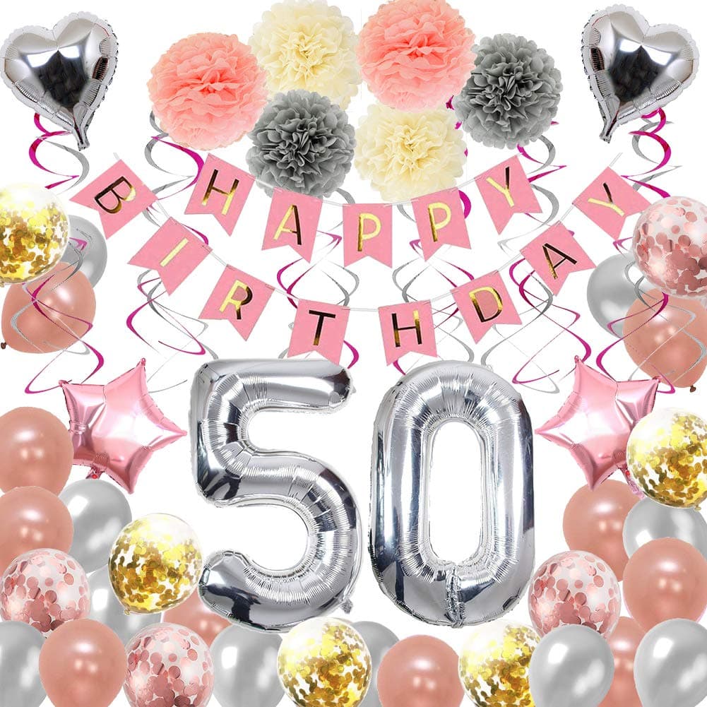 Toupons Party Decorations Pink, Birthday Decorations 50th Party Decorations Set Happy Birthday Banner Star Heart Foil Balloon Confetti Latex Balloons for Party Supplies