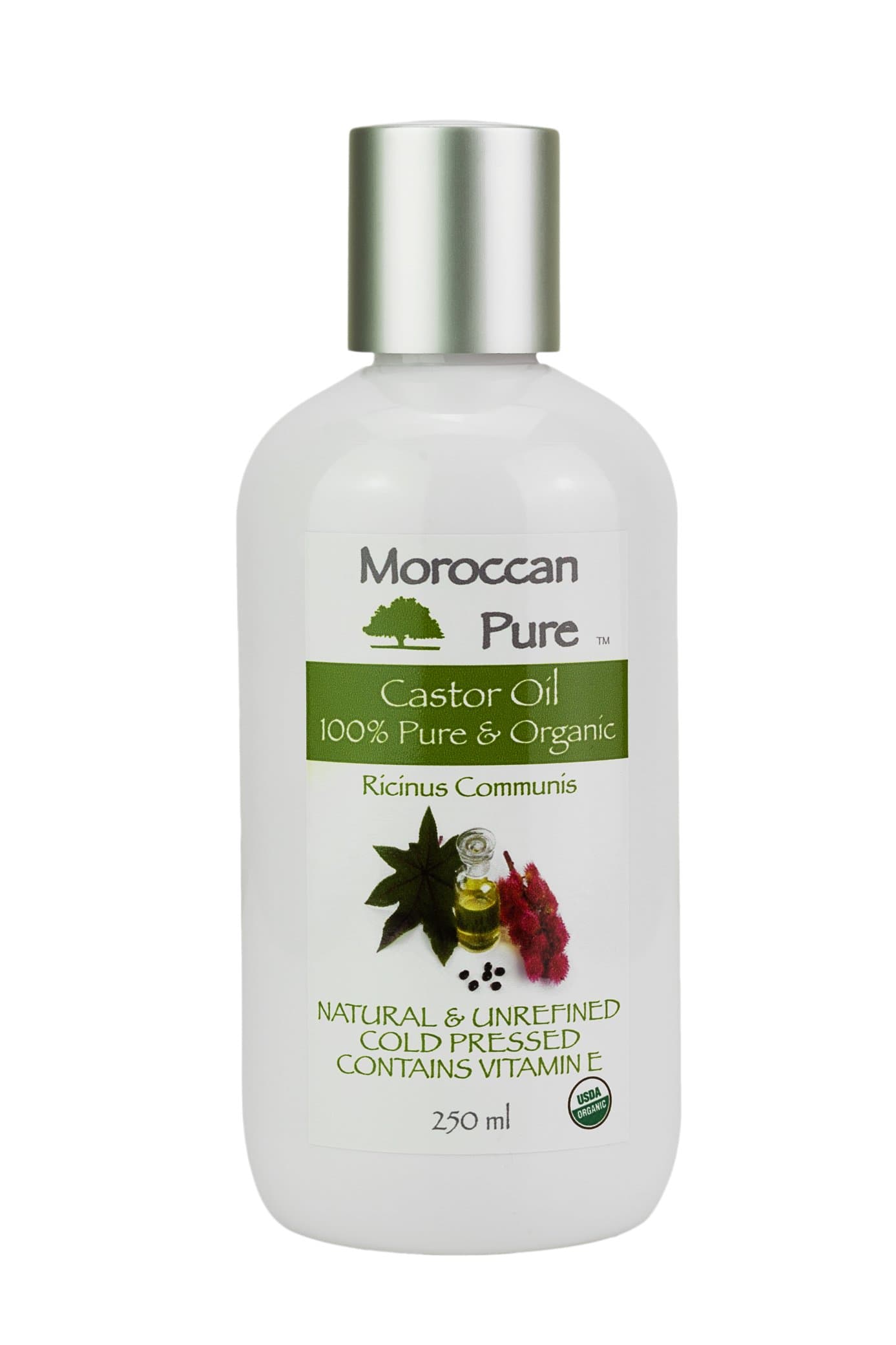 Moroccan Pure Organic Castor Oil 100% Pure and Organic Cold Pressed | Reduces Itching Swelling On Skin | Hydrates Chapped Lips | Fights Skin Disorders And Infections | Heals Acne | Does Wonders For Hair And Eyelashes Silver Cap White Bottle 250ml