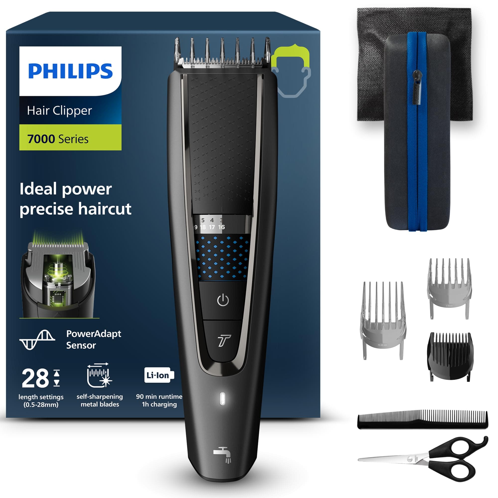 Philips Hairclipper Series 7000 - 28 Length settings - 100% washable - Can be used with or without a cord - 90 minutes of battery life - 3 combs - Travel case - HC7650/15