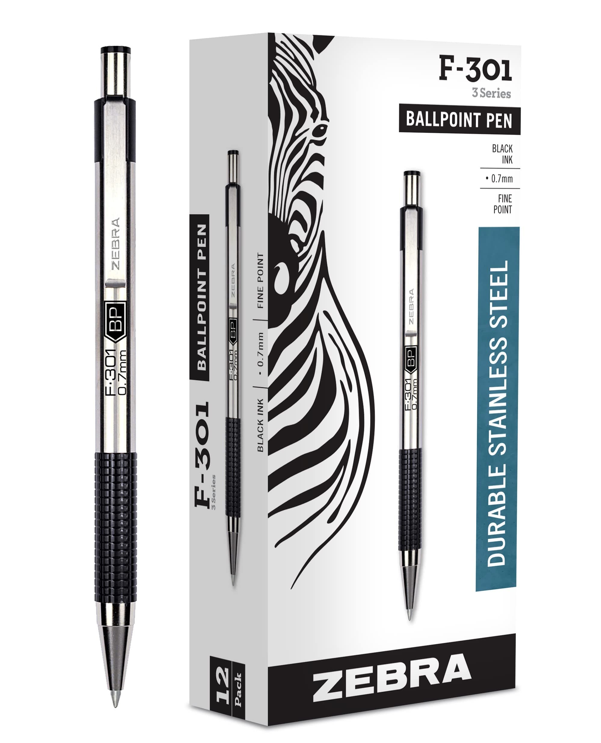 Zebra Pen F-301 Ballpoint Black Ink Fine Point 0.7mm Pen, Easy-Glide Ink, Stainless Steel Retractable, Non-Slip Grip, Professional Design, Ideal for Office, Journal and Planner Use, 12-Pack (27110)