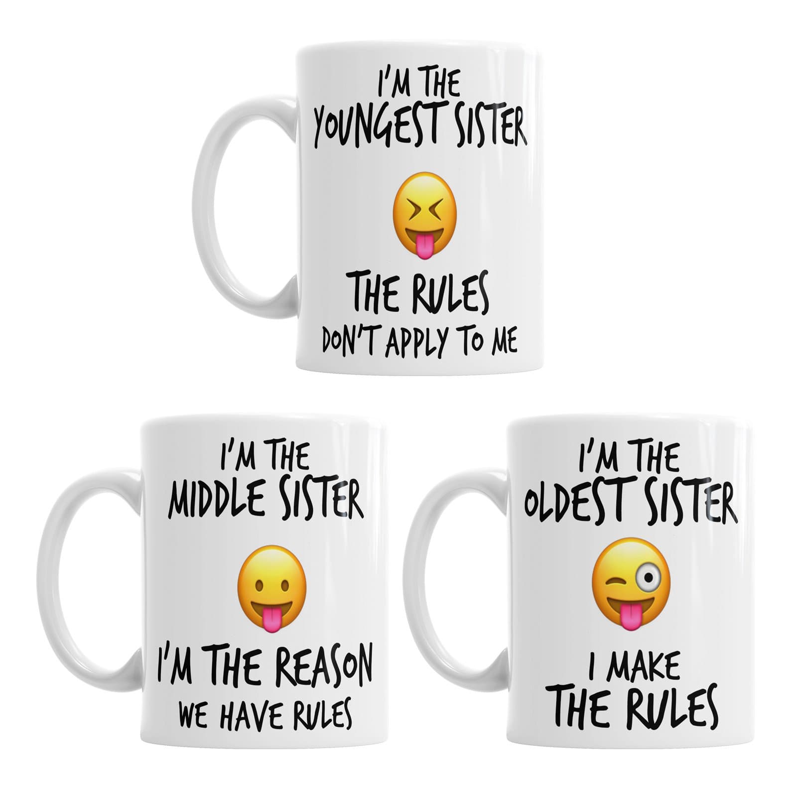 Sister Sibling Rules 11oz Ceramic White Glossy Novelty Mugs - Oldest, Middle and Youngest Sister - Dishwasher & Microwave Safe