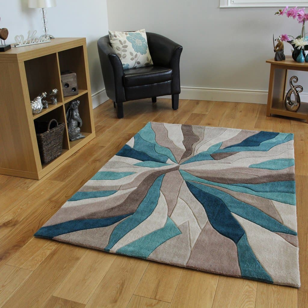 The Rug House Teal & Beige Wave Design High End Quality Modern Living Area Mats 3 Sizes- Banbury