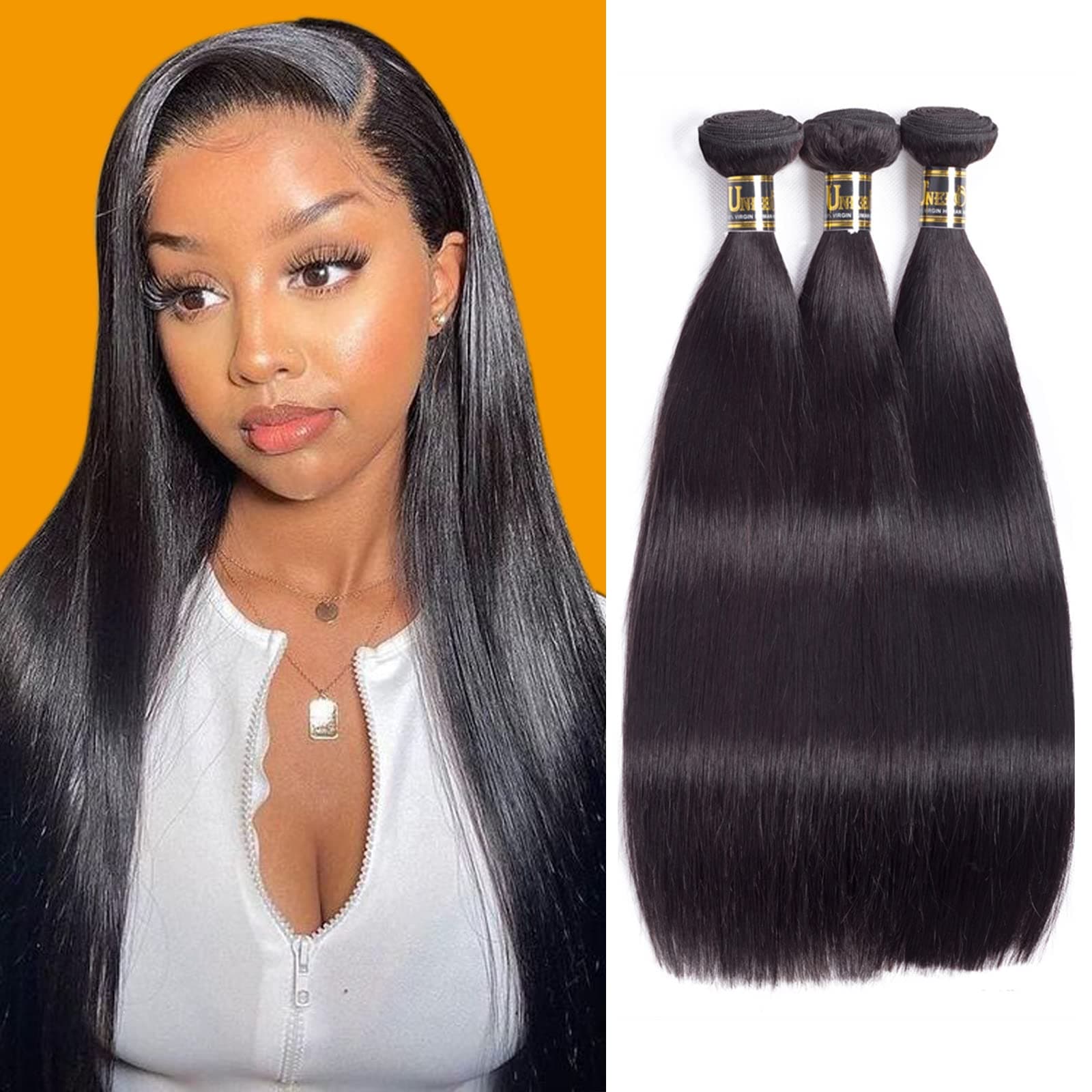 Uneed Hair 10A Brazilian Straight Hair Bundles(10 12 14,300gram)Unprocessed Virgin Human Hair Weave Brazilian Hair Weave Bundles Natural Black