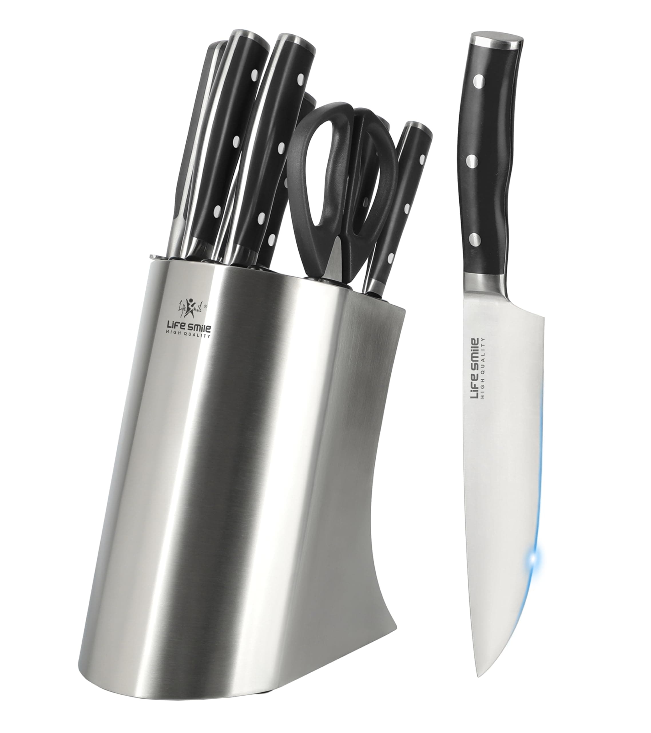 LIFE SMILE Kitchen Knife Set - 10 Pieces High Carbon Stainless Steel Knife Block Set with Sharpener - Ergonomic fixed Handle, Ultra Sharp Chef kitchen knives Black