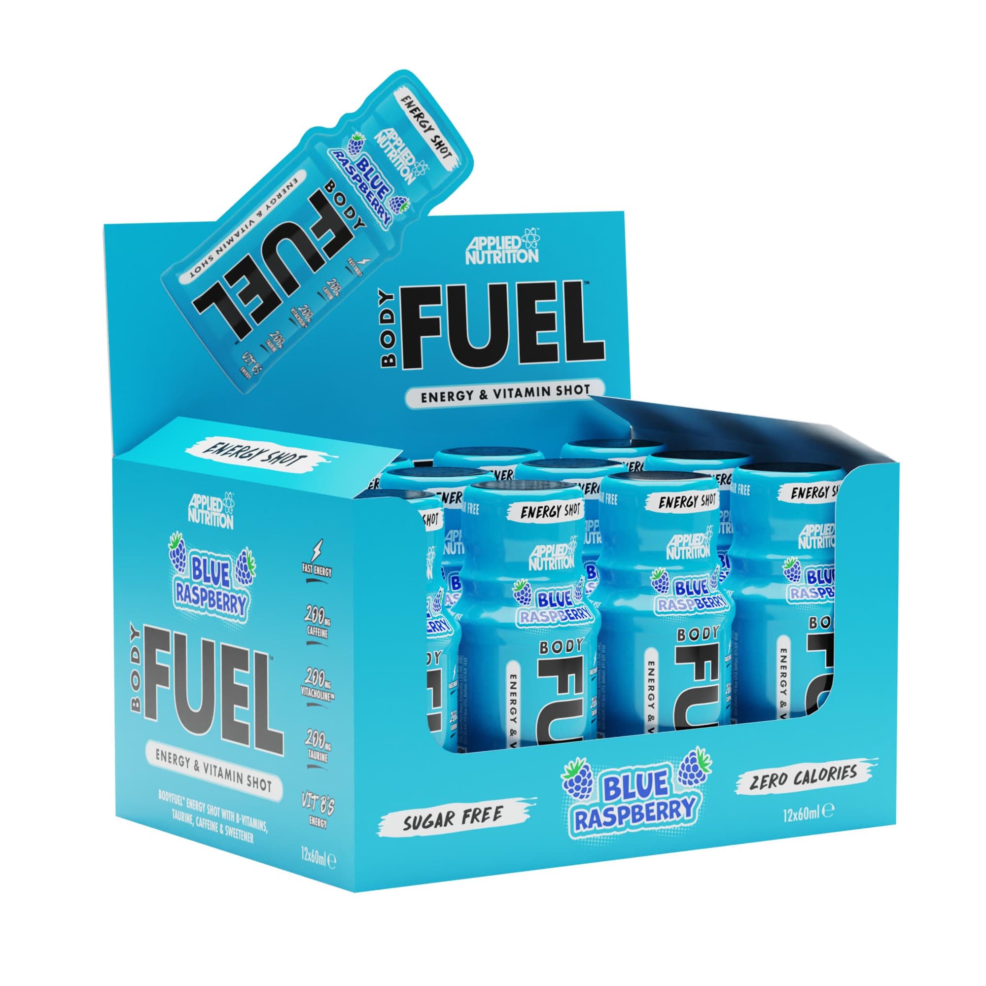 BodyFuel Energy Shot - Body Fuel Prime Energy Shot, Physical Performance with B-Vitamins, Taurine, Caffeine, Sugar Free, Zero Calories (Box 12 Units x 60ml) (Blue Raspberry)