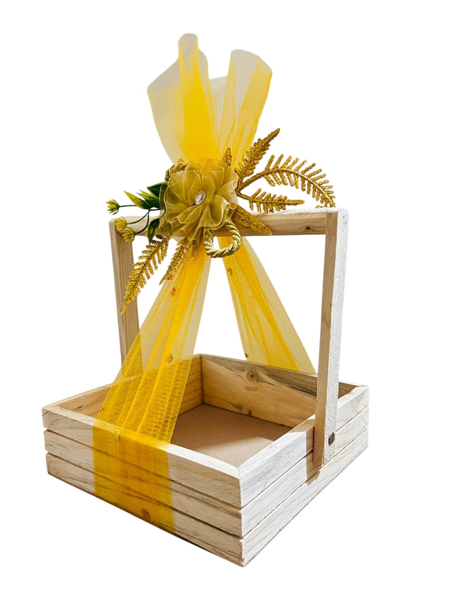 Vayu Art & Crafts Small Pine Wood Empty Gift Hamper Basket with MDF Base, Elegant Semi-Transparent Net Covering and a Charming Organza Flower- 8x8x2.5 Inches (20x20x5.7 cm)