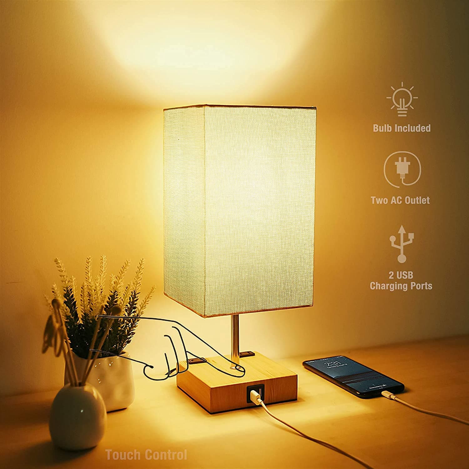 3-Way Dimmable Touch Control Table Lamp, Modern Lamp with USB Ports and Outlet, Bedside Nightstand Lamp with Wood Grain Base, Fabric Shade, Elegant Desk Lamp for Bedroom Living Room, LED Bulb Included