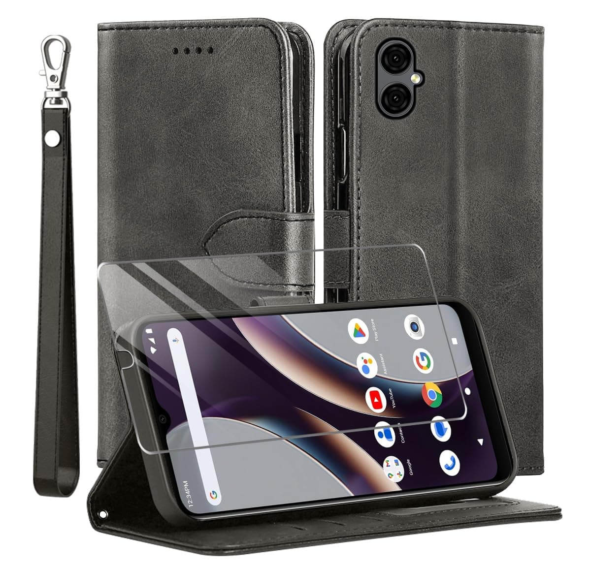 TTYSHTT for BLU G53 Case and Tempered Glass Screen Protector, PU Leather Flip Cover Wallet Phone Case Protector [Full Protection] [Card Slots] [Kickstand] for BLU G53, Black