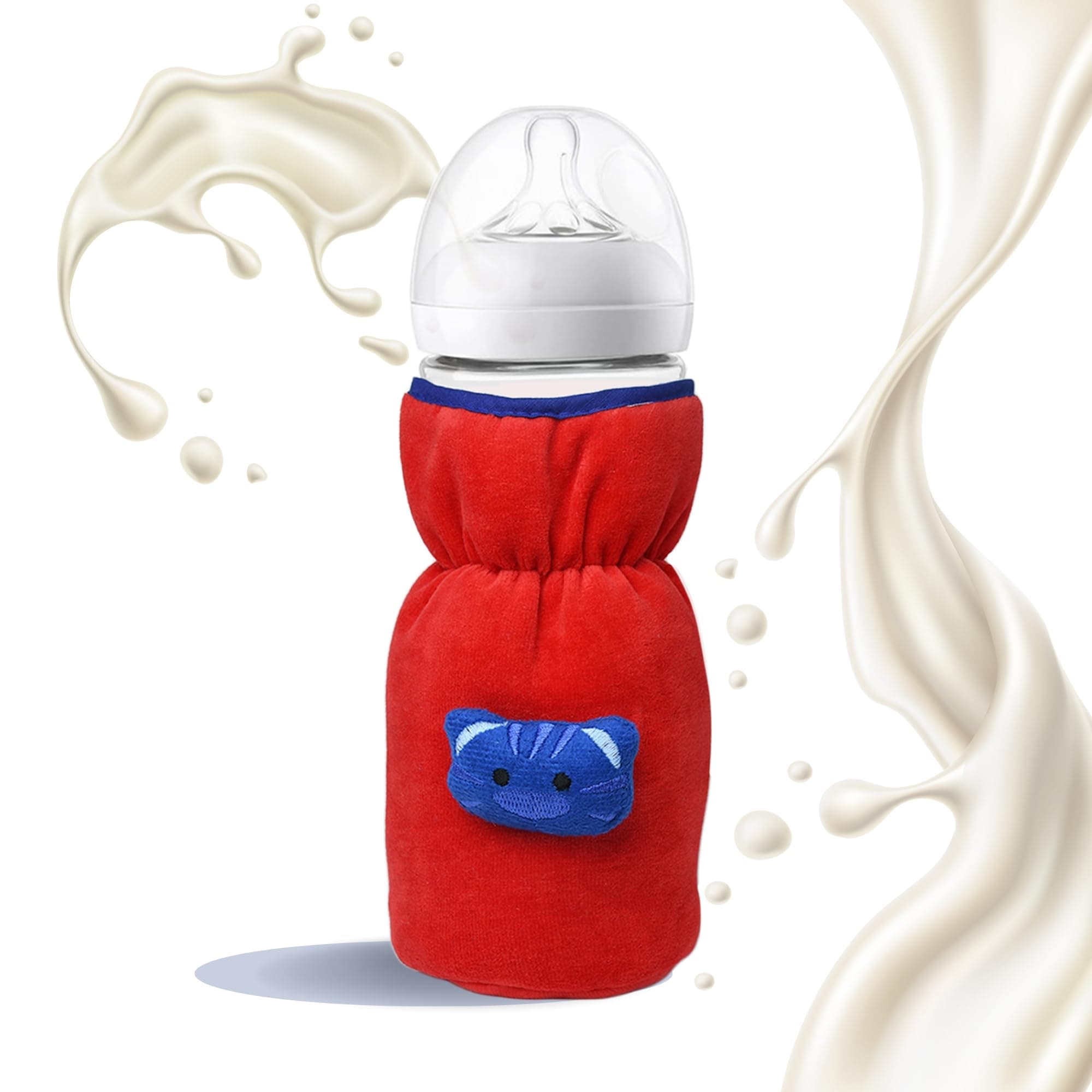 THE LITTLE LOOKERS Bottle Cover for Philips Avent/Wide Neck Feeders Soft Plush Stretchable Baby Feeding Bottle Cover with Easy to Hold Strap (Red, Wide Neck 240-330ml/8-11OZ)