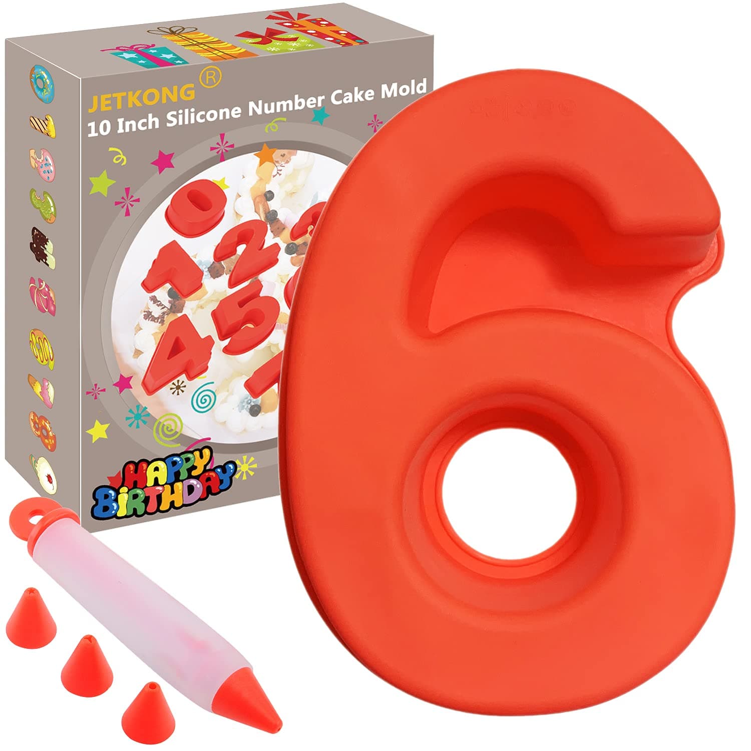 JETKONG 10-Inches Silicone Number Cake Mold DIY Baking Cake Pan with Decorating Pen (Number 6/9, Red)