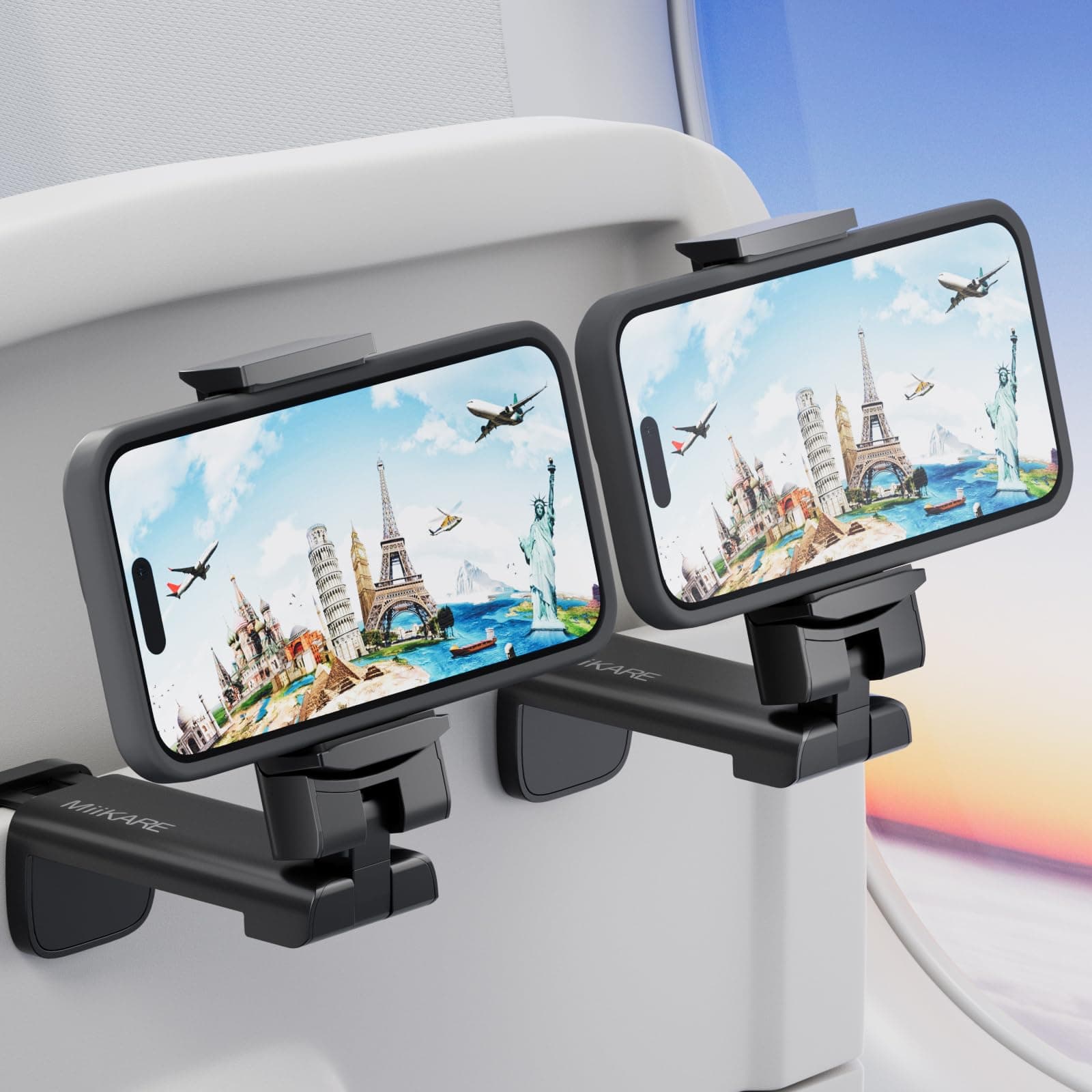 Travel Essentials Airplane Phone Holder, Universal Handsfree Phone Mount for Flying with 360 Degree Rotation, Travel Must Haves Phone Stand for Desk, Tray Table, Black&Black