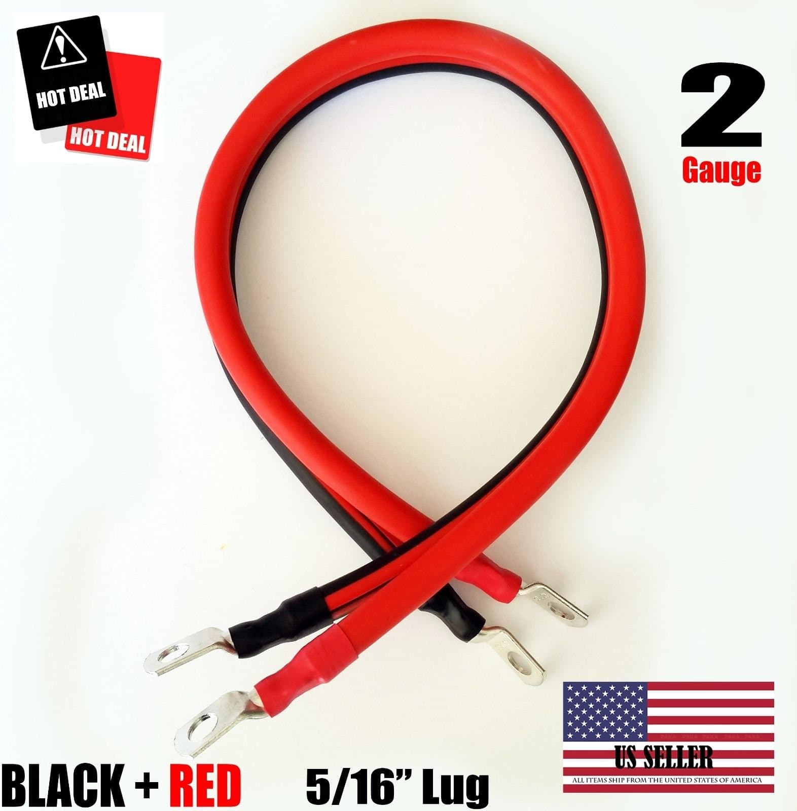 2 AWG Gauge 5/16" Lug Battery Cable Inverter Cables Solar, RV, Car, Golf (48 inch)