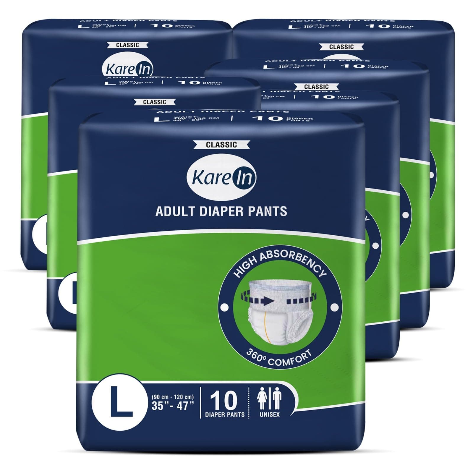 - Classic Adult Diaper Pants, Large 90-120 Cm (35"- 47"), 60 Count, Unisex, Leakproof, Elastic Waist, Wetness Indicator, Pack of 6