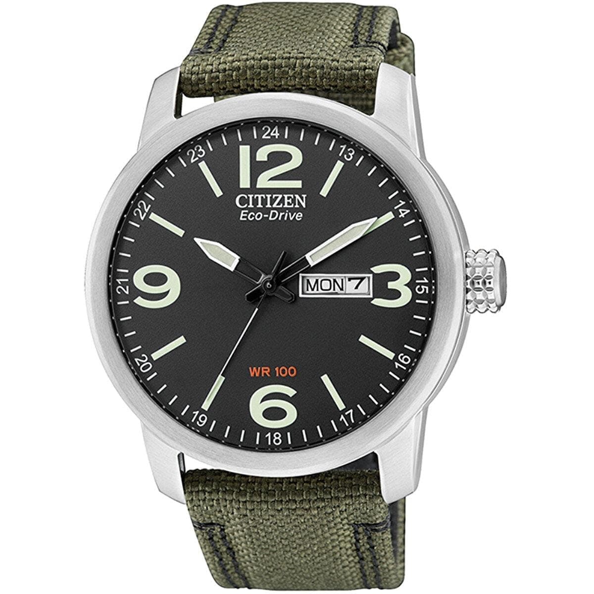 Men's Analogue Eco-Drive Watch with Nylon Strap BM8470-11EE, Black/Green, Strap